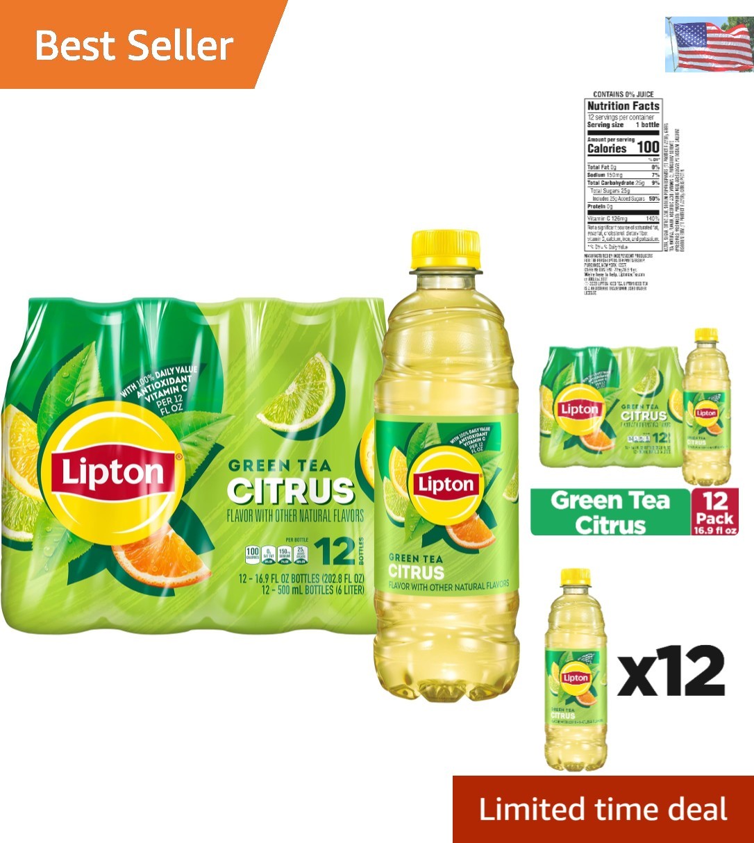 Pack of 12 Green Tea Citrus Iced Tea Bottles – 16.9 Fl Oz for Joyful Moments