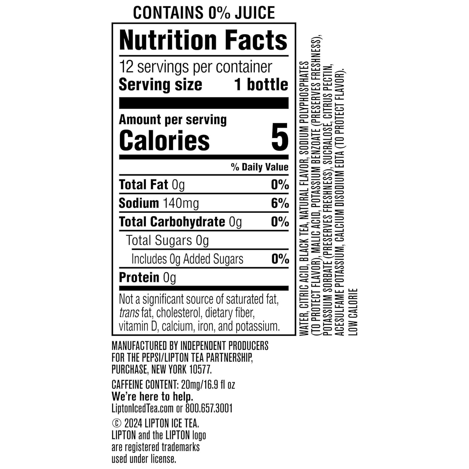 Lipton Zero Sugar Iced Tea, Peach, 16.9 fl oz Bottles, 12 Pack