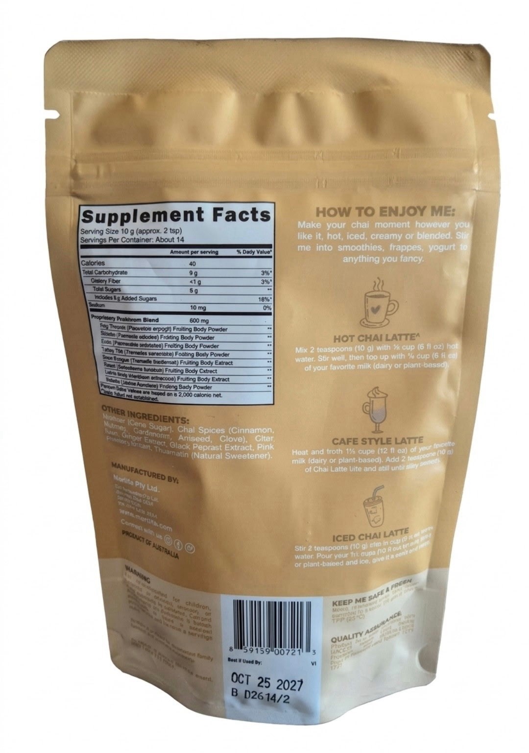 Morlife Mushroom Chai Spiced Latte Powder Dairy-Free Gluten-Free 142g