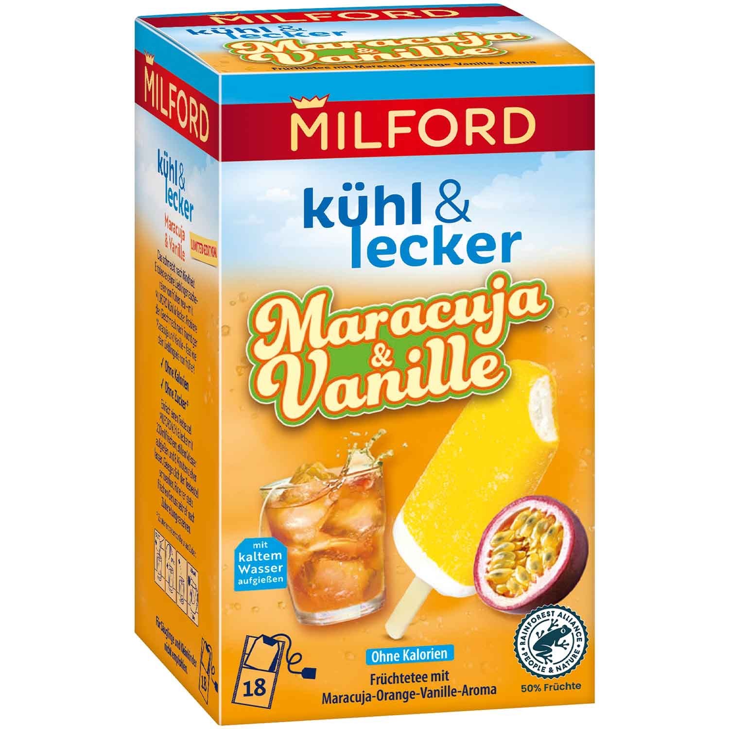 MILFORD Iced Tea: PASSIONFRUIT & VANILLA – 1 box/ 18 tea bags – FREE SHIPPING