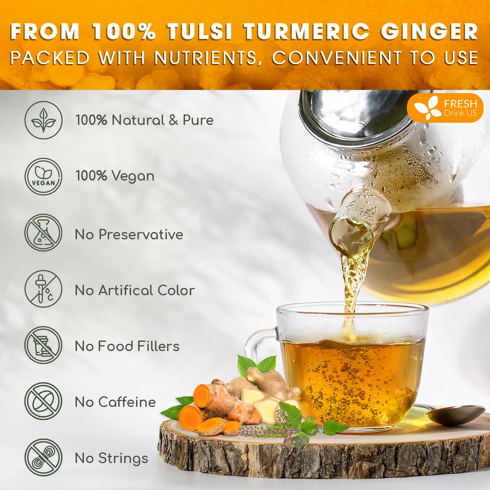 FreshDrinkUS, Premium 55 Tulsi Turmeric Ginger Tea Bags, 100% Natural & Pure fro