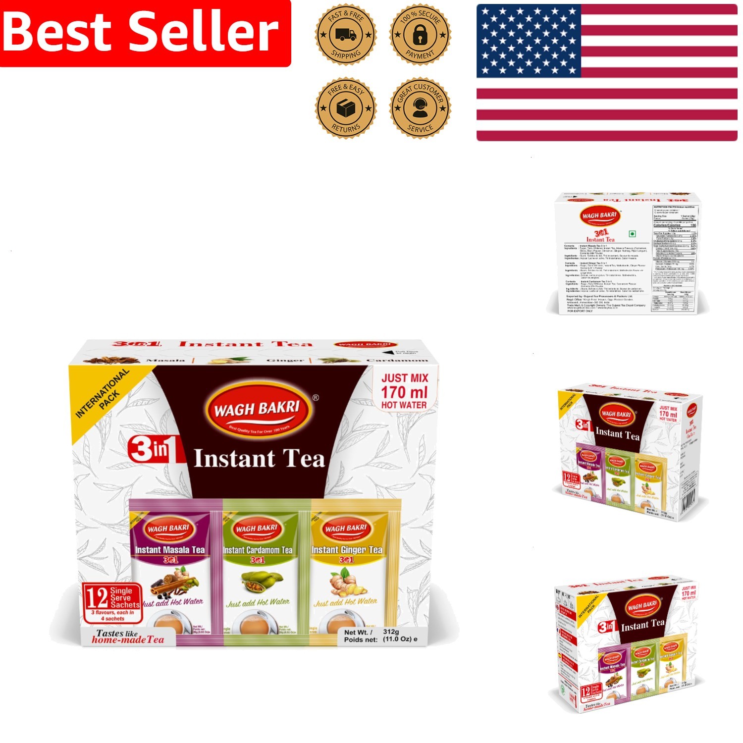 Instant Tea Premix 12 Sachets Cardamom Ginger Masala Combo Pack Vegetarian