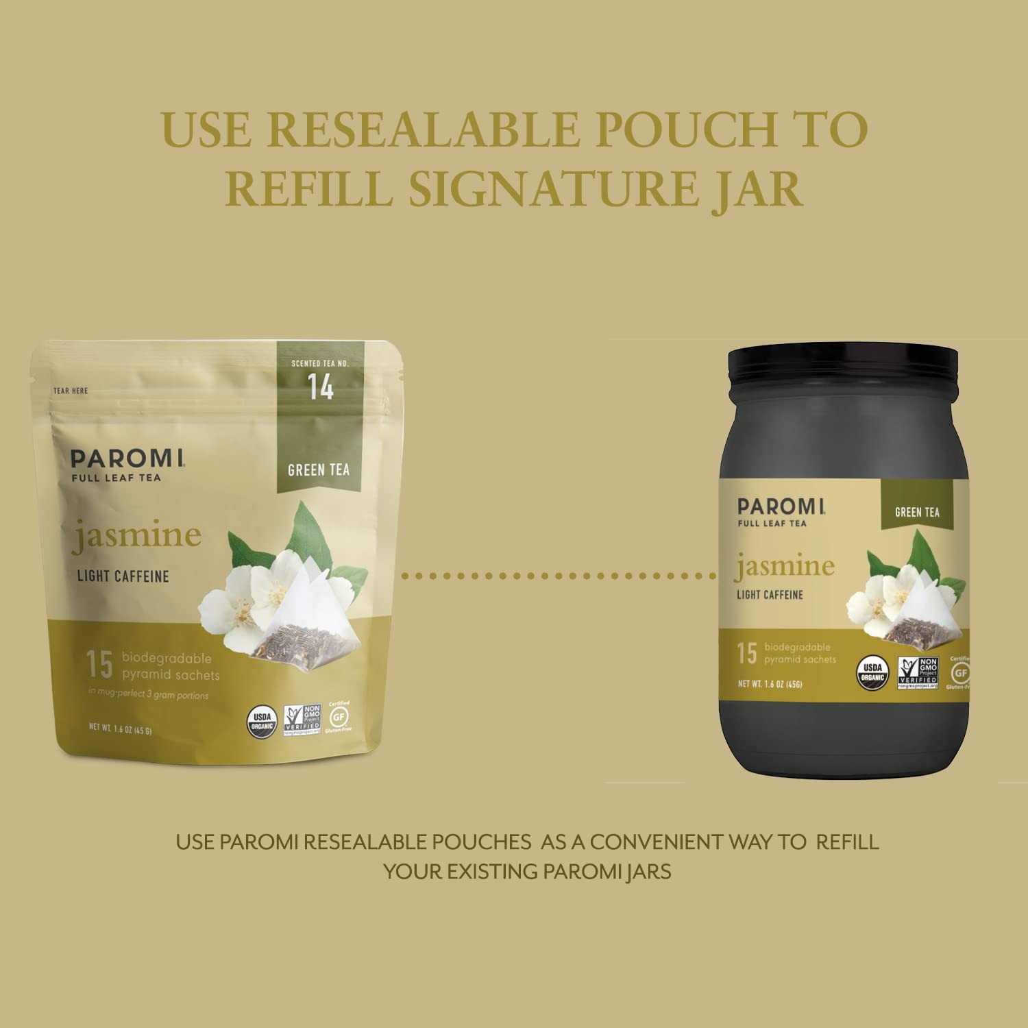 Paromi Organic Jasmine Tea 15 Pyramid Sachets in Signature Glass Jar