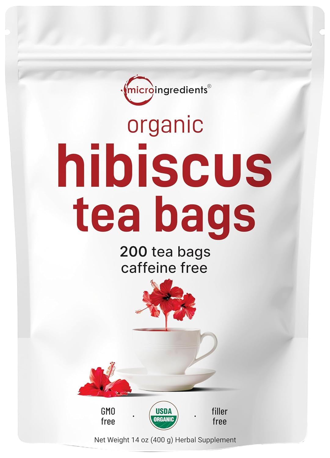 Organic Hibiscus Tea Bags, 200 Count | Premium Source from Hibiscus Flowers | Ca