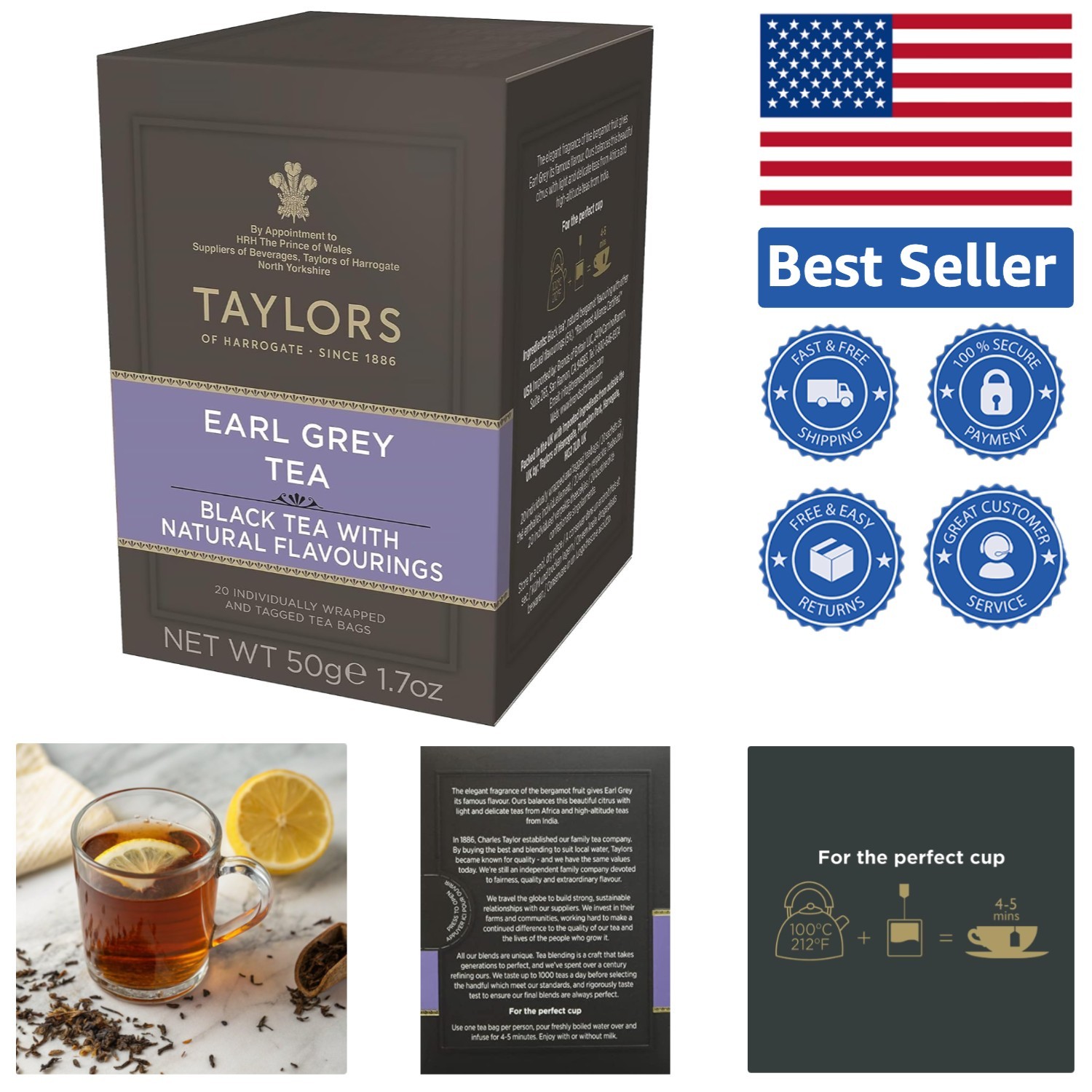 Earl Grey Black Tea – 20 Elegant Individually Wrapped Bags for Iced or Hot