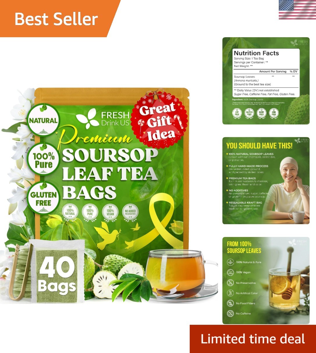 Soursop Leaf Tea Bags – 100% Natural, Handmade, & Gluten-Free (40 Count)