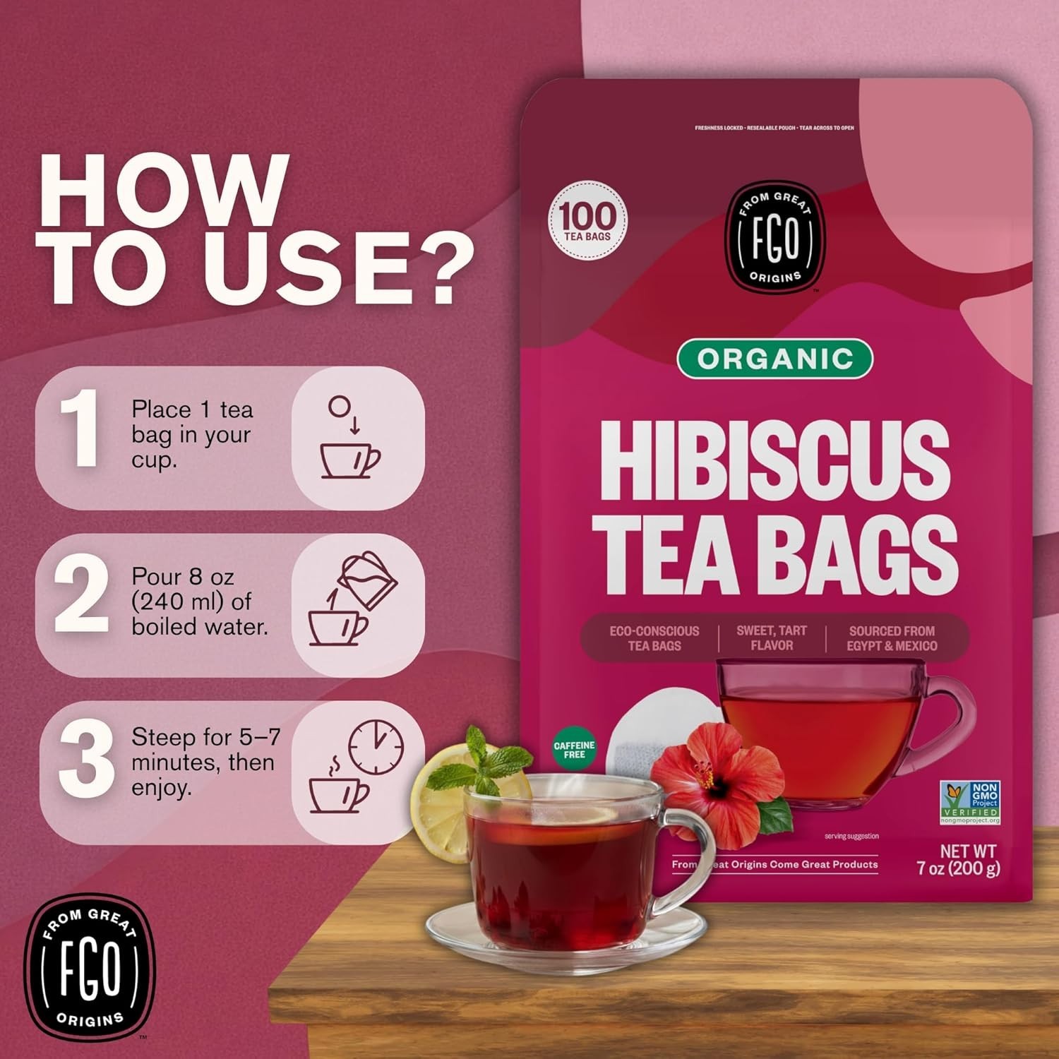 Organic Hibiscus Tea – 100 Eco-Conscious Tea Bags, Caffeine-Free Delight