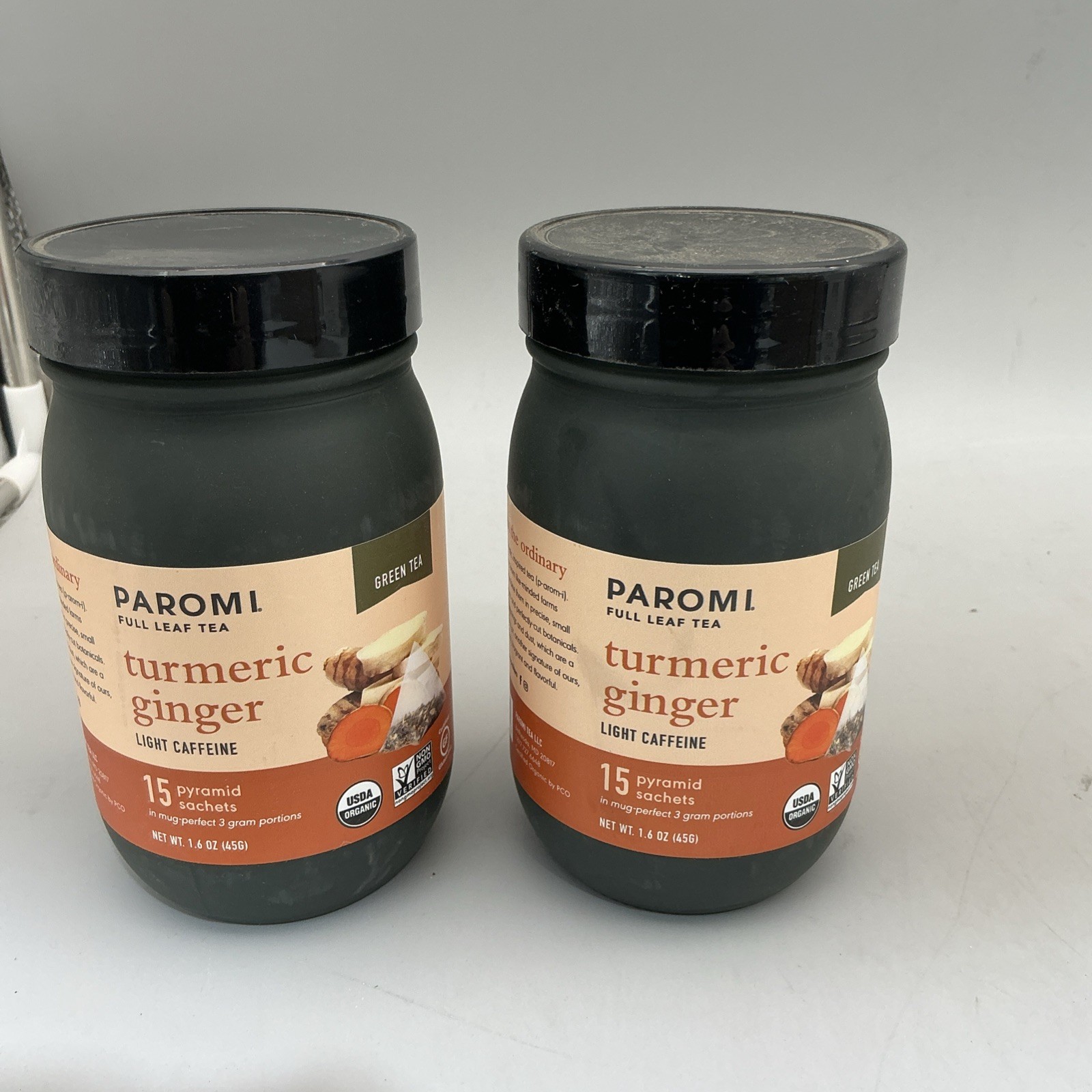 2 Pack Organic Turmeric Ginger Green Tea Glass Jar 15 Bags Each Exp 02/26