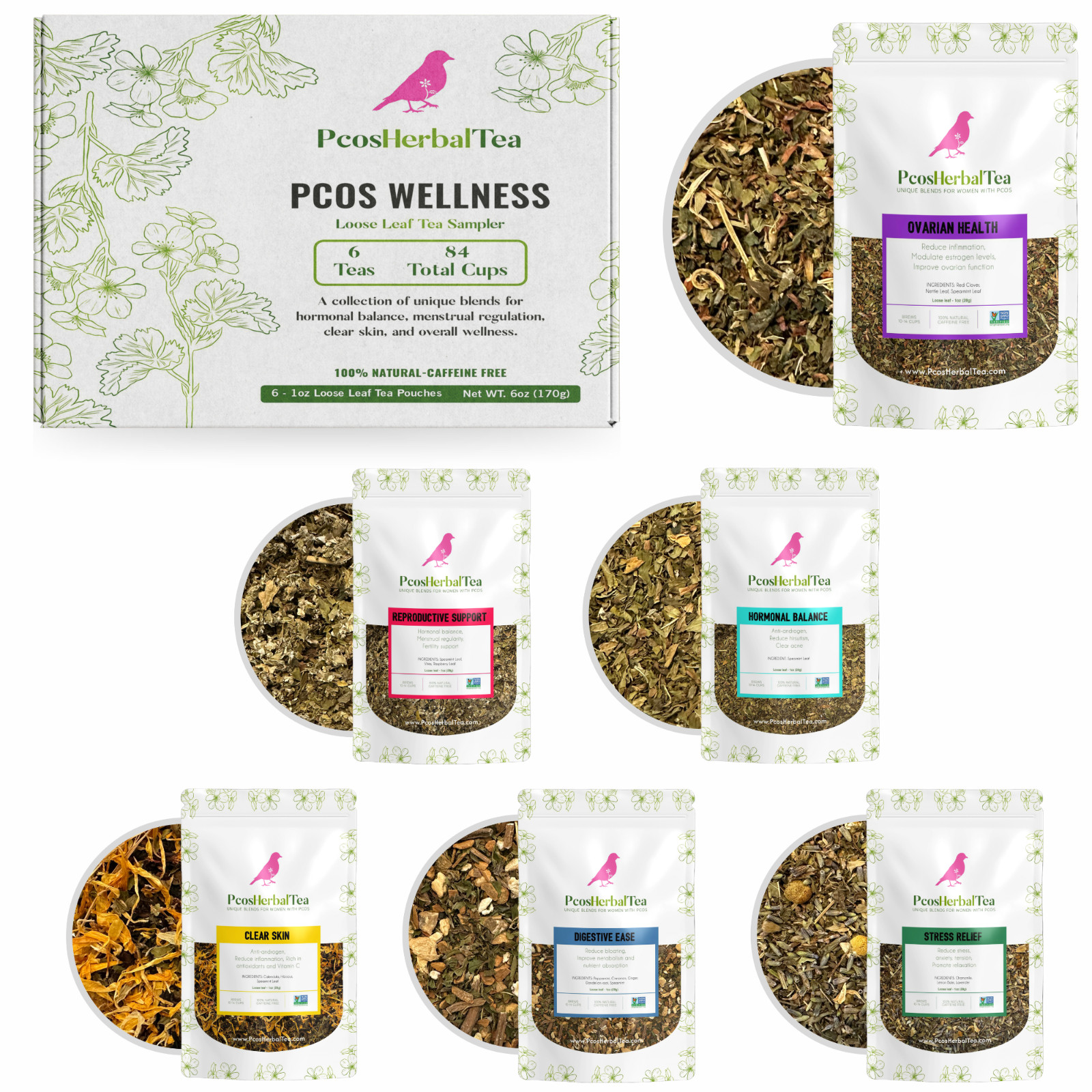 PCOS Teas -6 Loose Leaf Blends for Hormonal Balance, Reproductive Ovarian Health