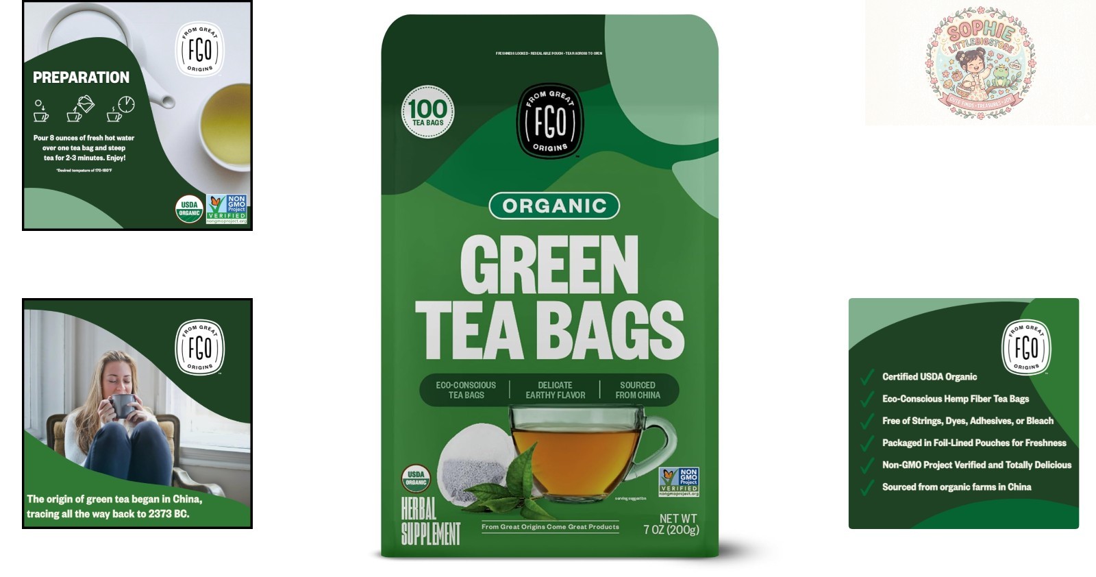 Medium Caffeine Organic Green Tea – 100 Eco-Friendly Bags in Resealable Pouch