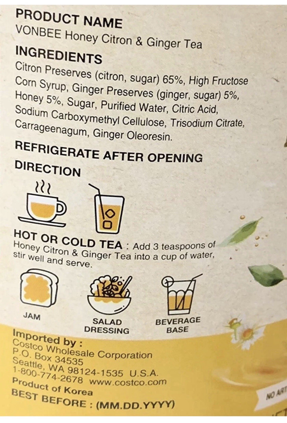 3X Vonbee Citron Honey Citron & Ginger tea, Jam, Salad Dressing 4.4 LB/2Kg Each
