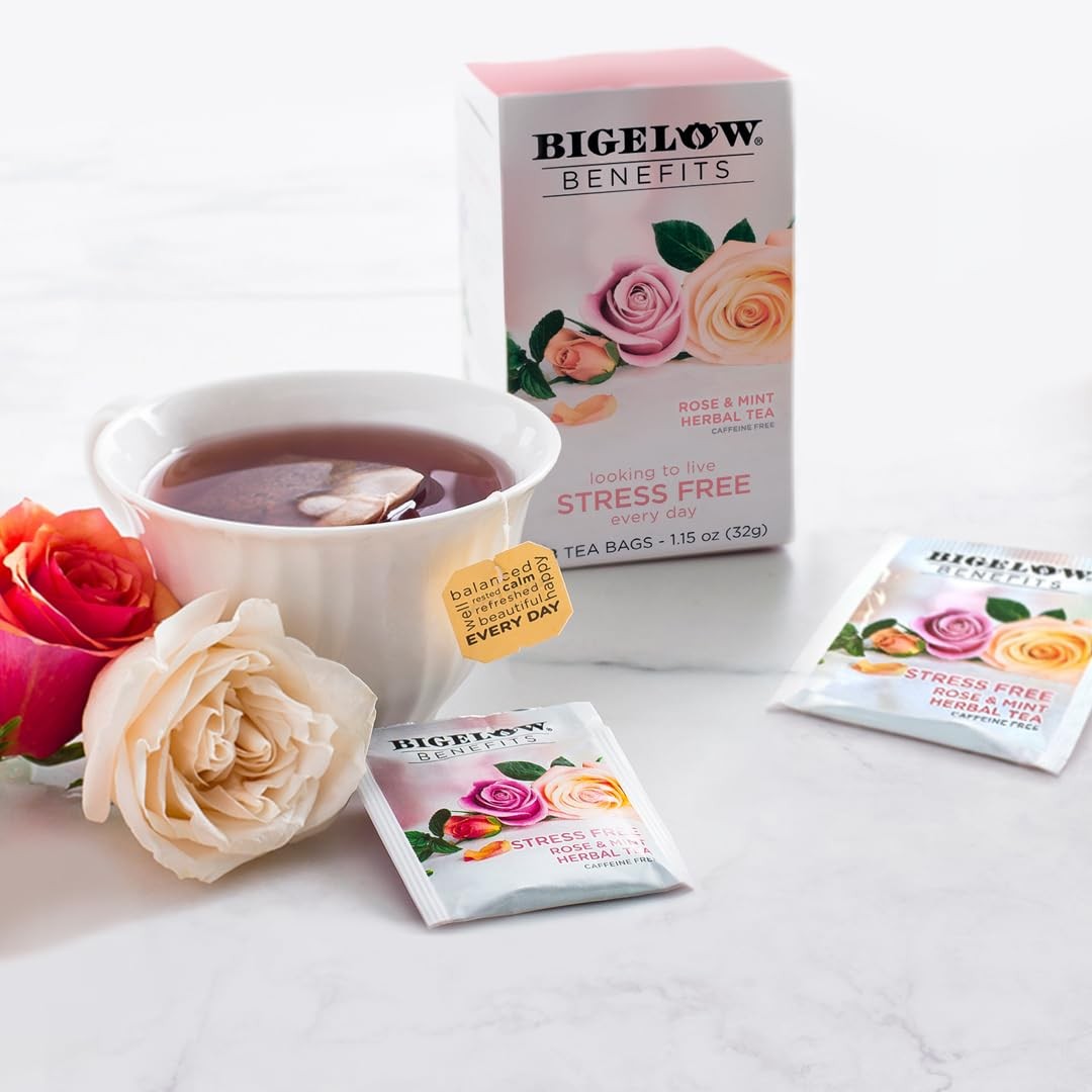 Bigelow Rose Mint Herbal Tea 18 Count Pack of 6 Stress Relief Caffeine Free