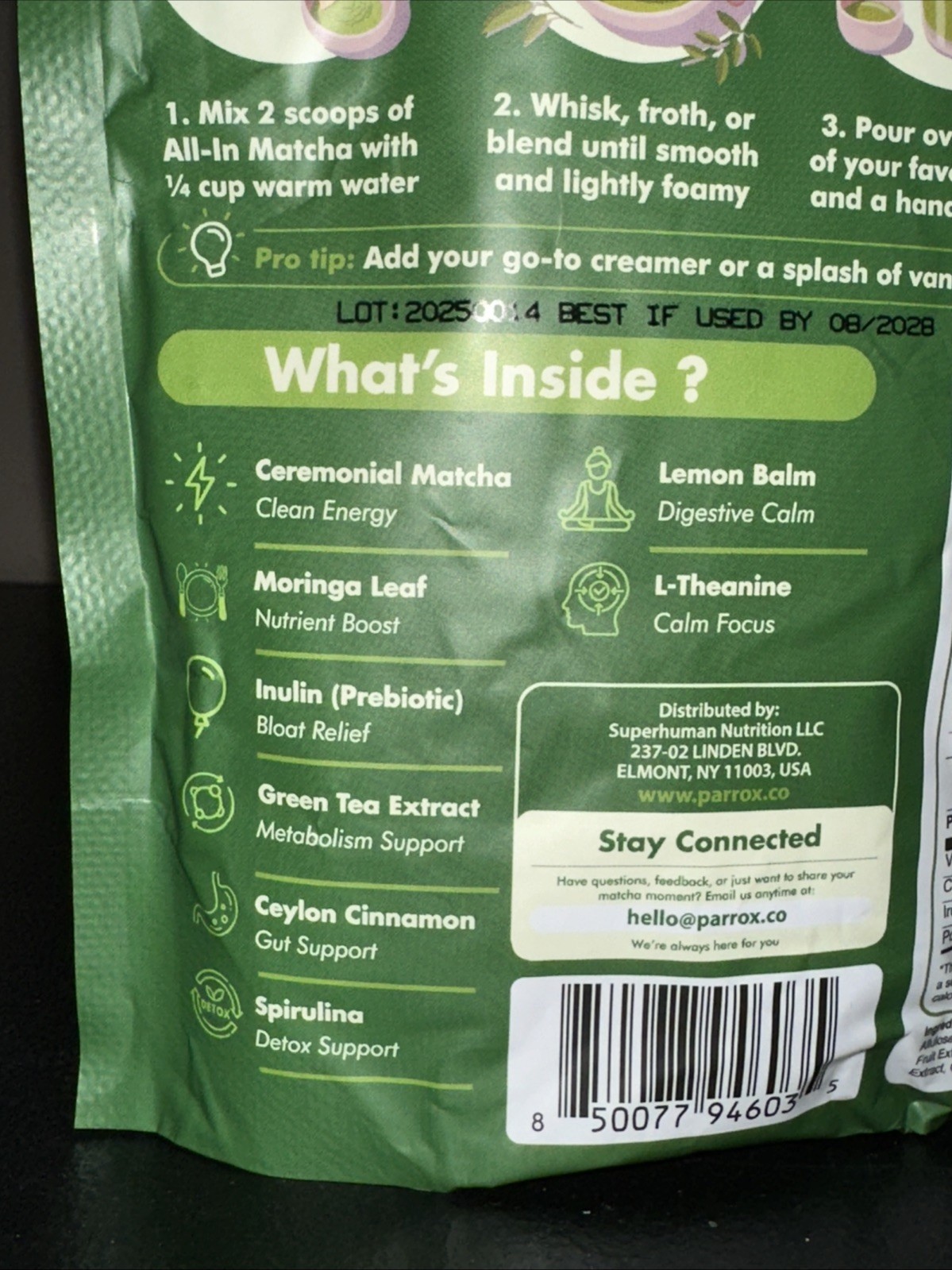 Parrox All-In Matcha Tea Powder, Vegan Non-GMO Prebiotics – Brand New