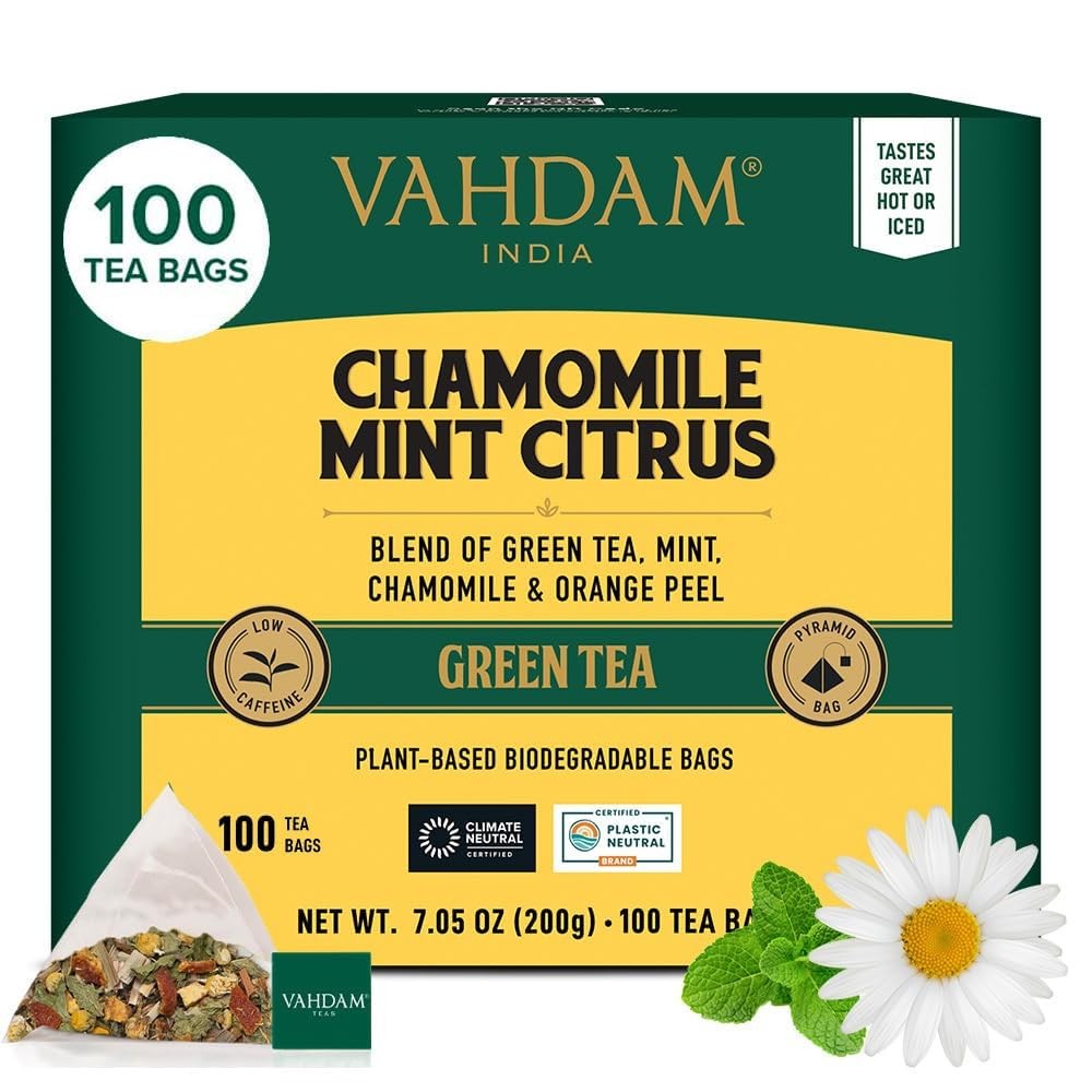 , Chamomile Mint Citrus Green Tea Bags 100 Count Low Caffeine, Non GMO, Glute…