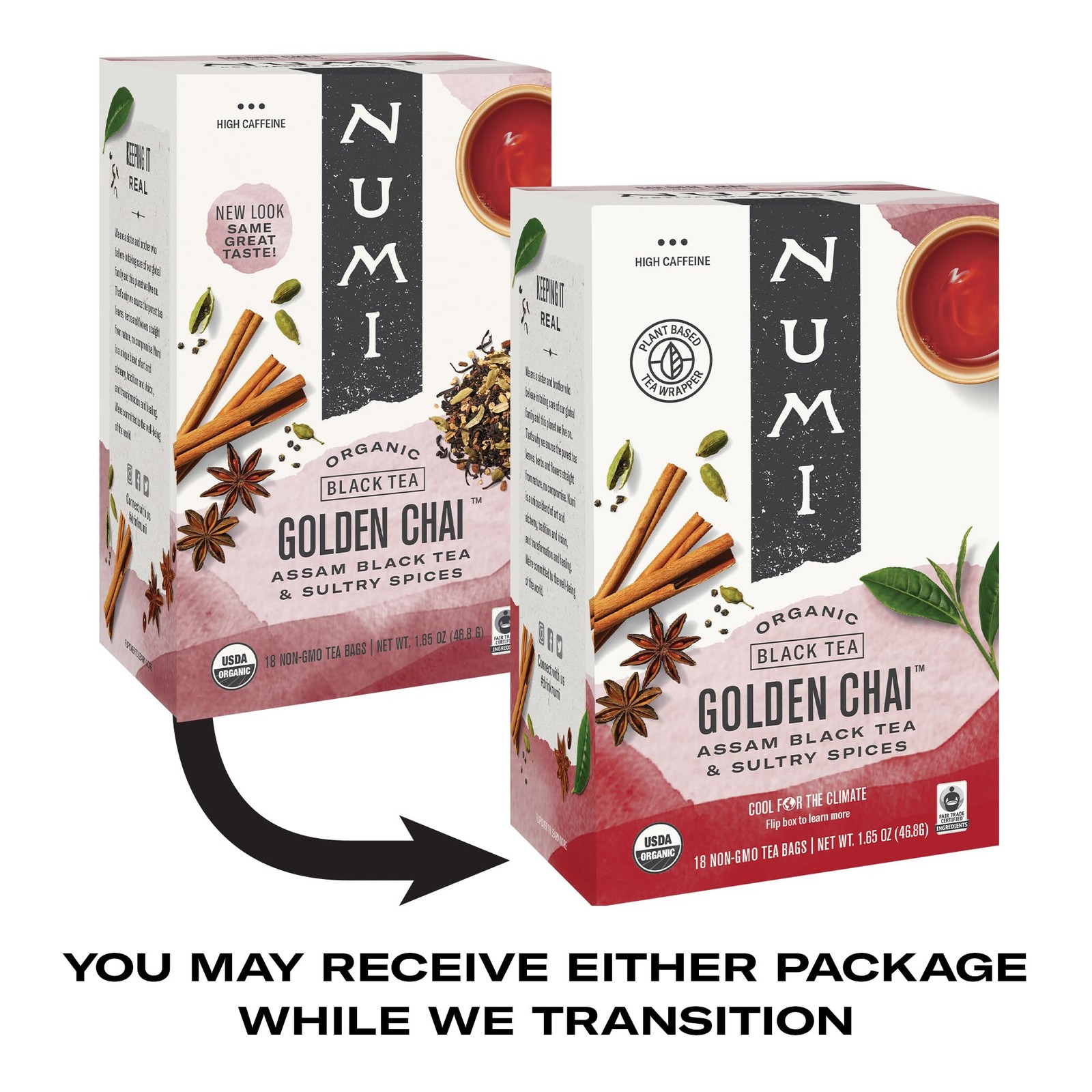 Numi Organic Golden Chai Tea, 18 Tea Bags, Assam 18 Count (Pack of 1), black