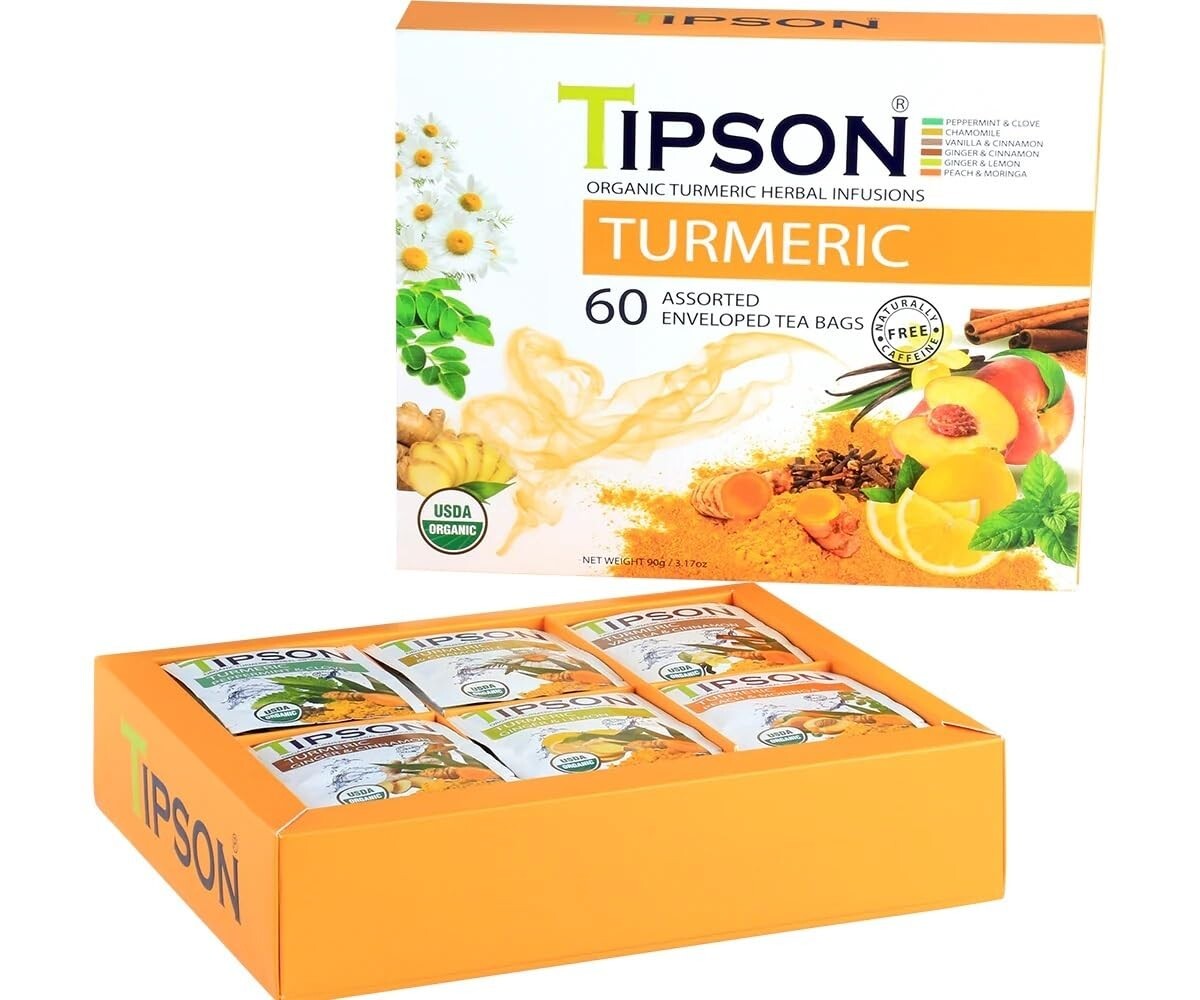 Tipson Organic TUMERIC Herbal Tea Infusions 60 Bags Assorted Sampler 6 Flavors