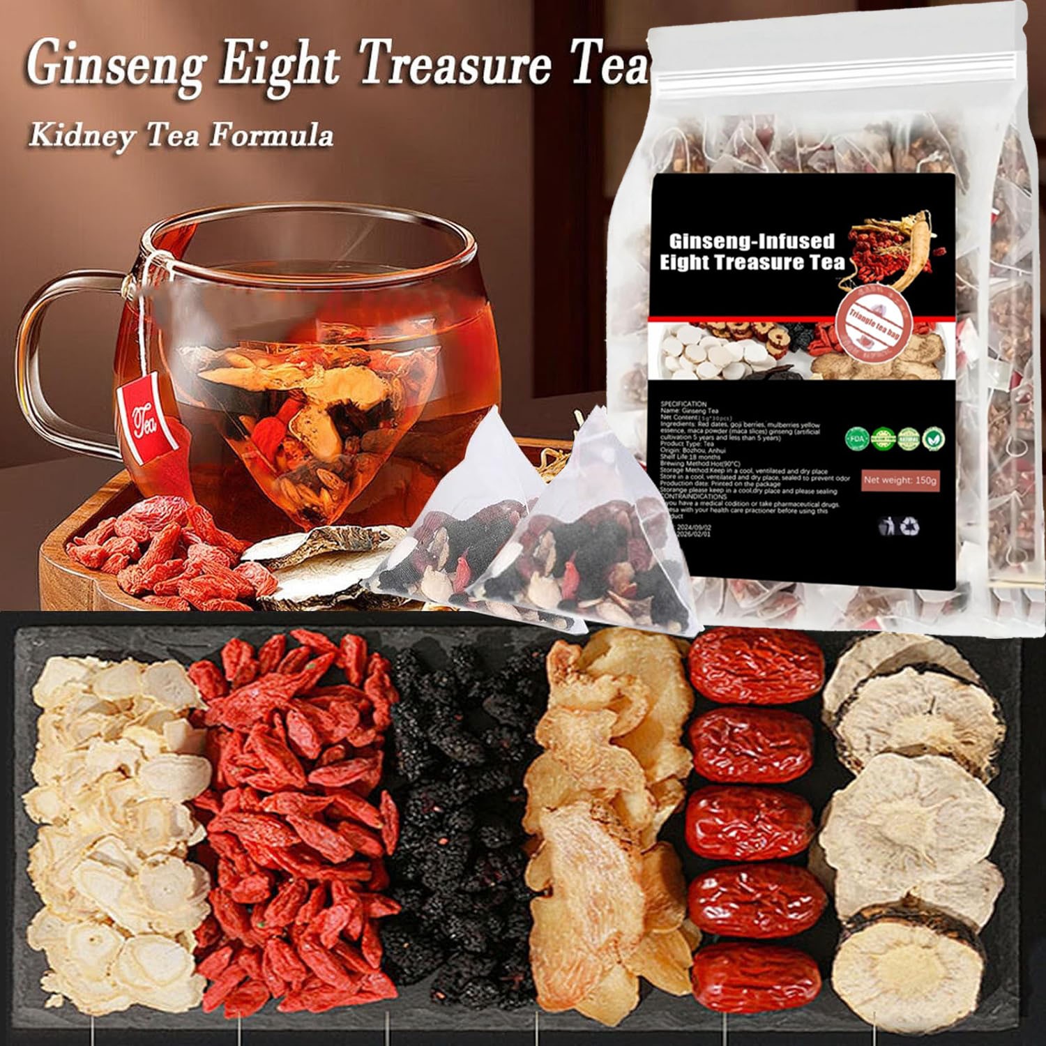 Ginseng Five Treasure Tea – Kidney Support, Red Date Herbal Blend 30-150 bags