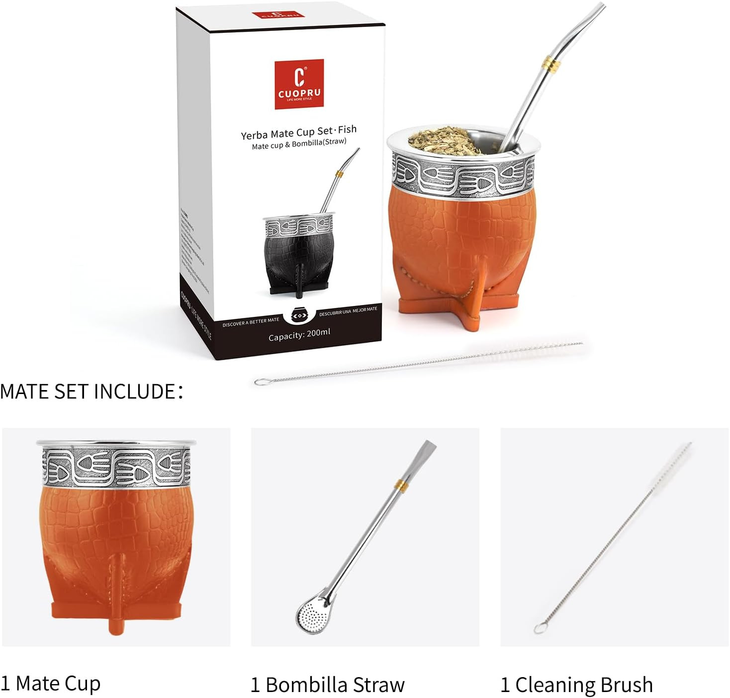 Imperial Mate Gourd Set with Bombilla, Straw & Brush – Fish Style Yellow Brown