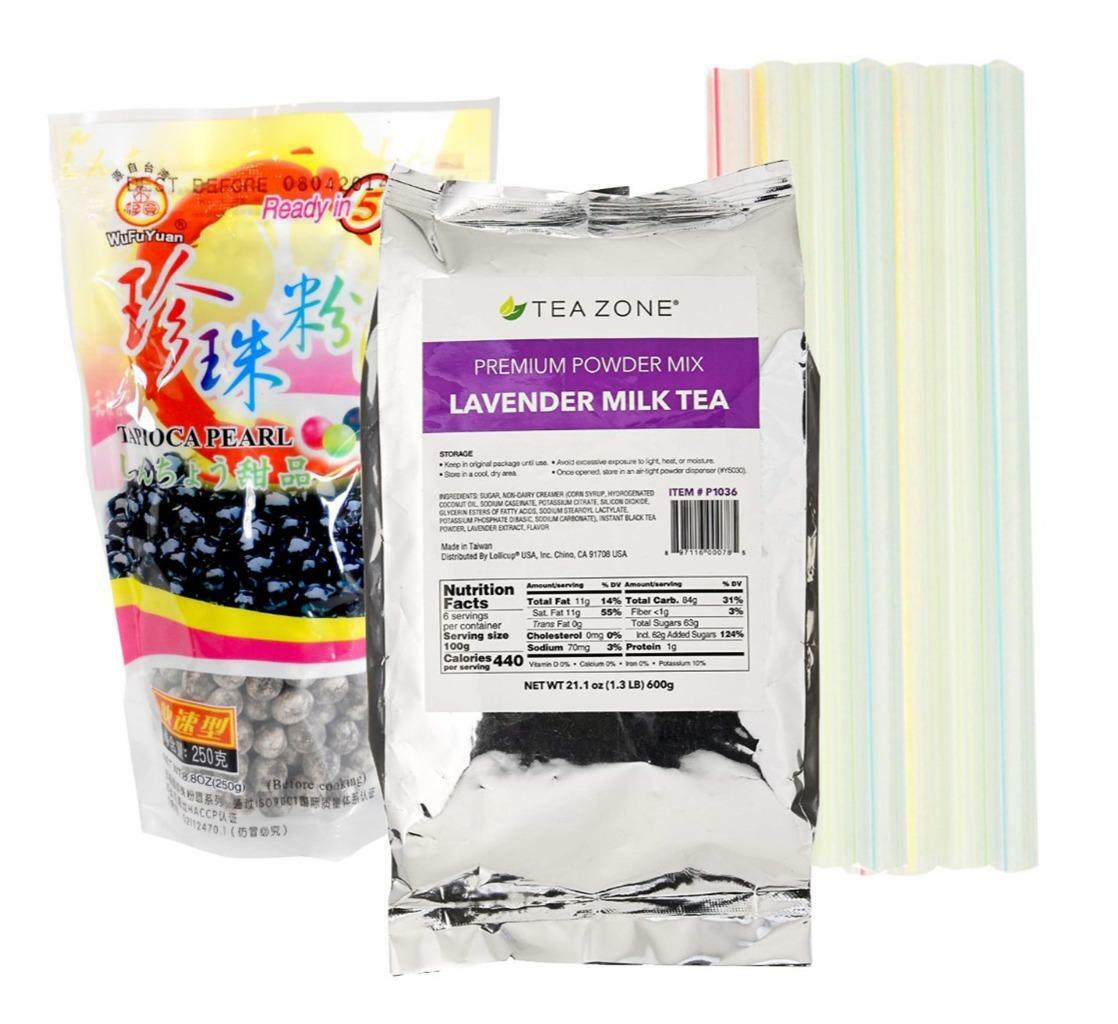 Boba Bubble Tea Kit Tea Zone Lavender Milk Tea, WFY Blk Tapioca Pearls & Straws