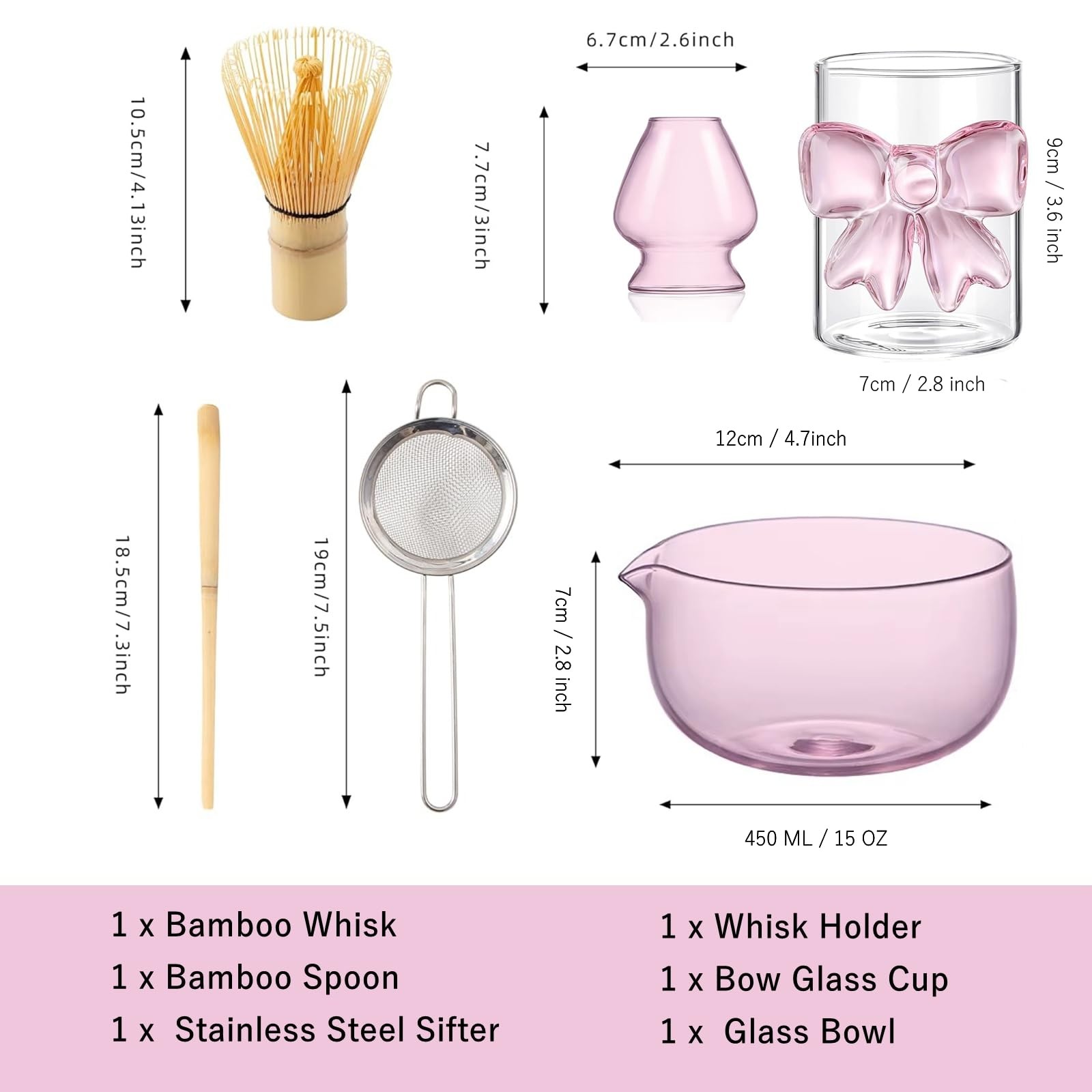 Pink Matcha Set Whisk, matcha Bowl with Spout,Glass Bow Matcha Cup for Iced C…