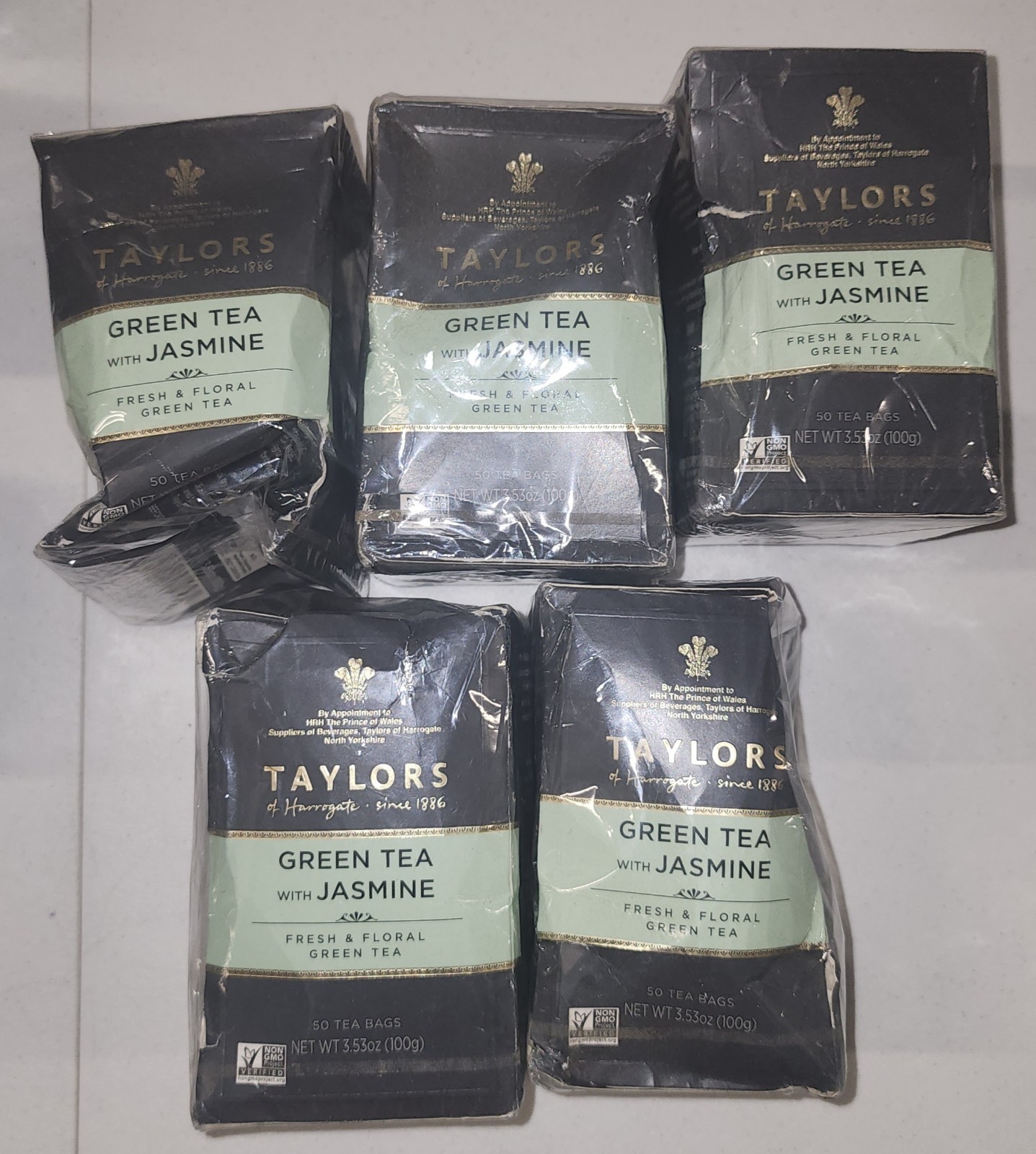 (lot of 5) Taylors Green Tea with Jasmine, 50bags Damaged Boxes Sealed 07/26