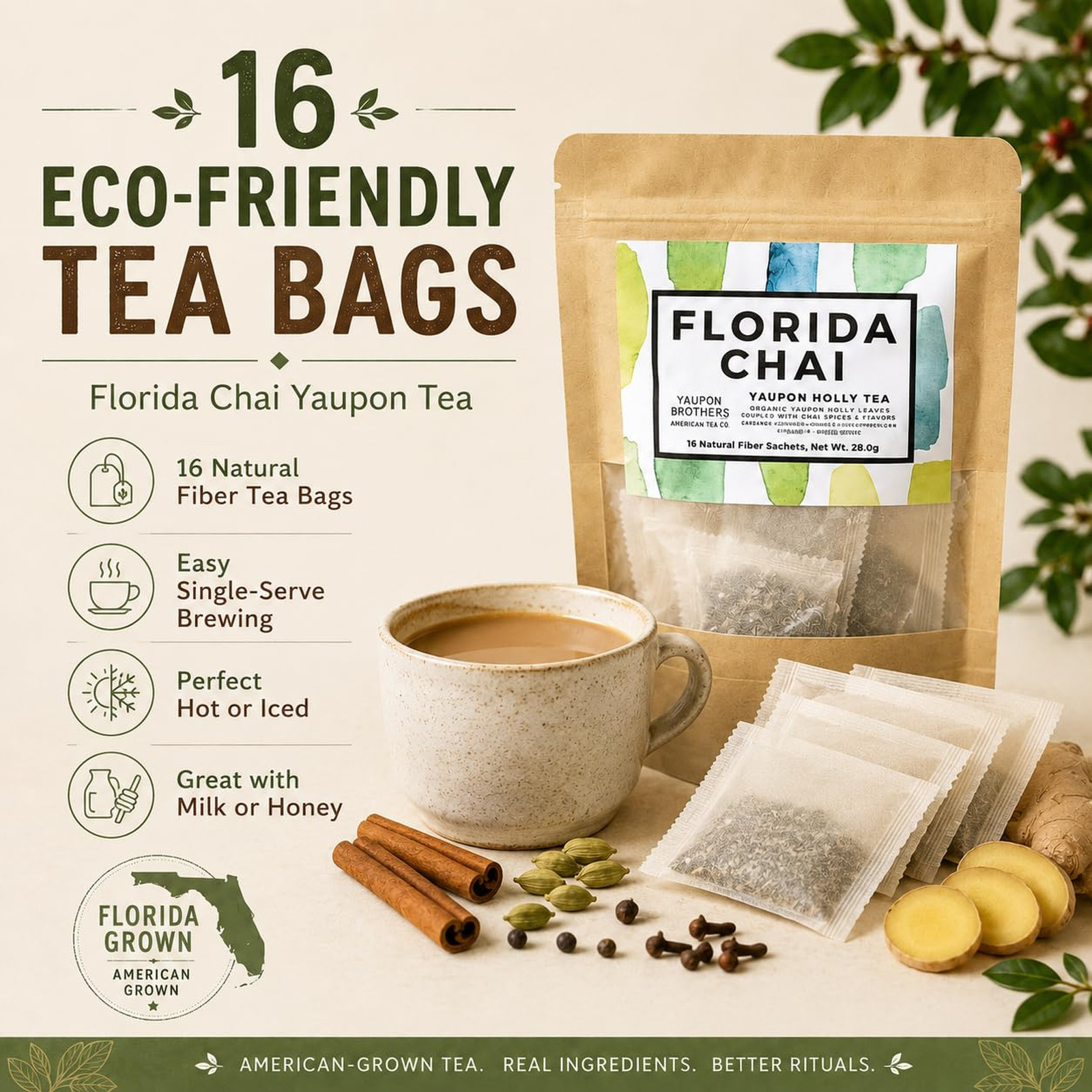 Yaupon Tea Bags, Organic Chai Tea, Eco-Friendly 16 Pack, Antioxidant Rich