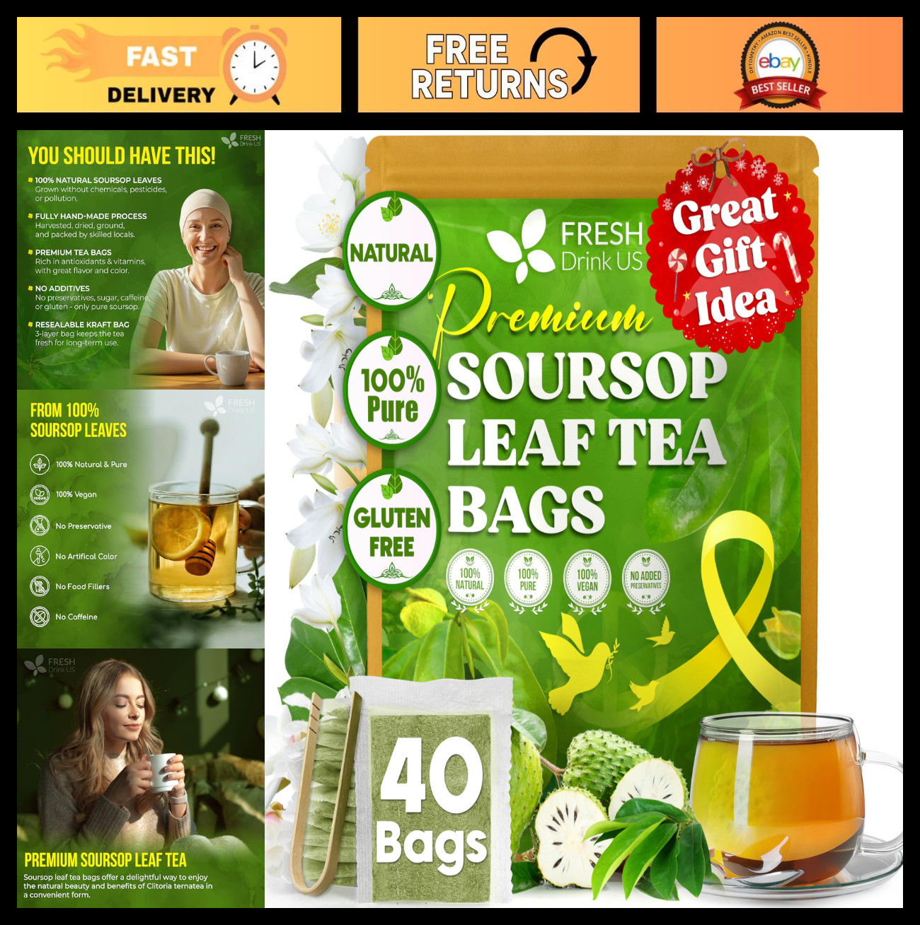 40 Premium Soursop Leaf Tea Bags – 100% Natural, Handmade, Caffeine-Free, Gluten