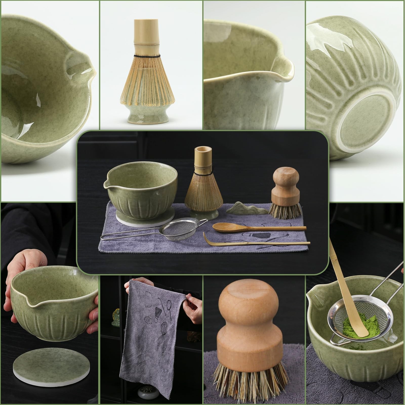 10Pcs Matcha Whisk Set, 15 OZ Matcha Bowl, Matcha Whisk and Stand, Scoop, Sif…