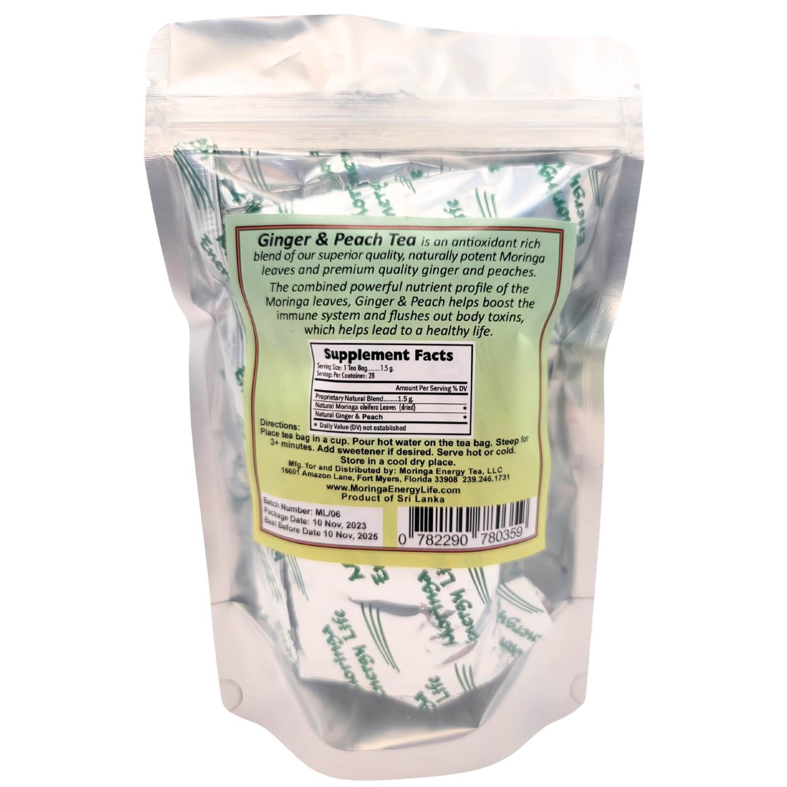 Moringa Peach Ginger Tea Bags, 28 herbal teas