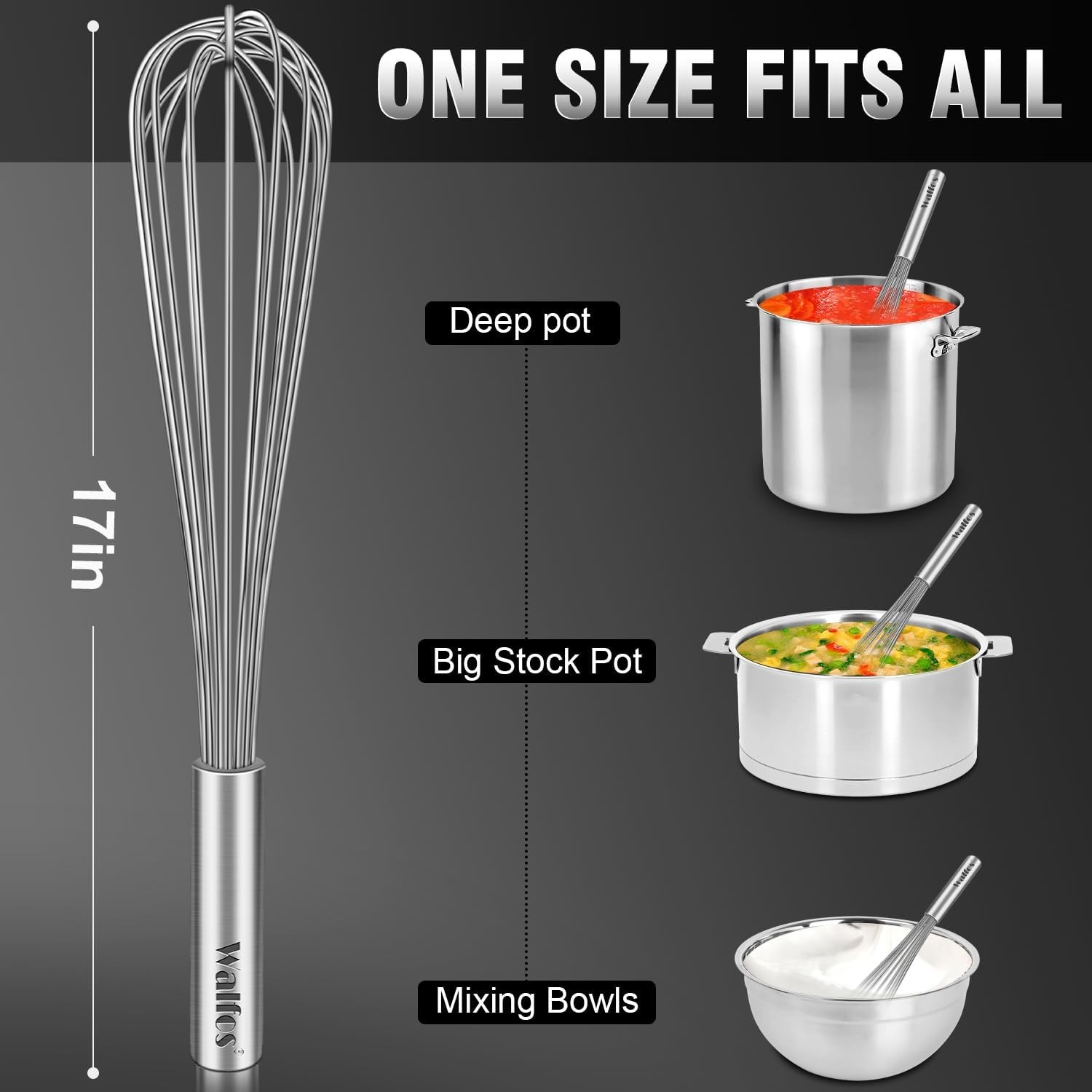 Walfos Whisk,17in Large Whisks, Heavy Duty Stainless Steel 17 in, Silver-1Pcs