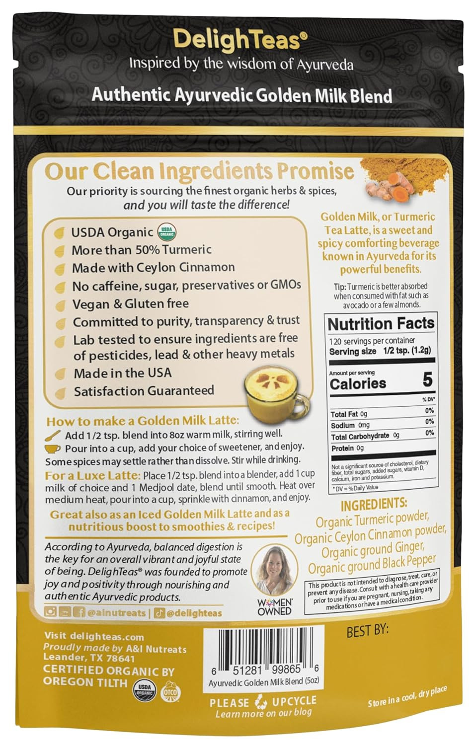 Organic Golden Milk Powder with Turmeric, Ginger, Ceylon Cinnamon | Ayurvedic Sp