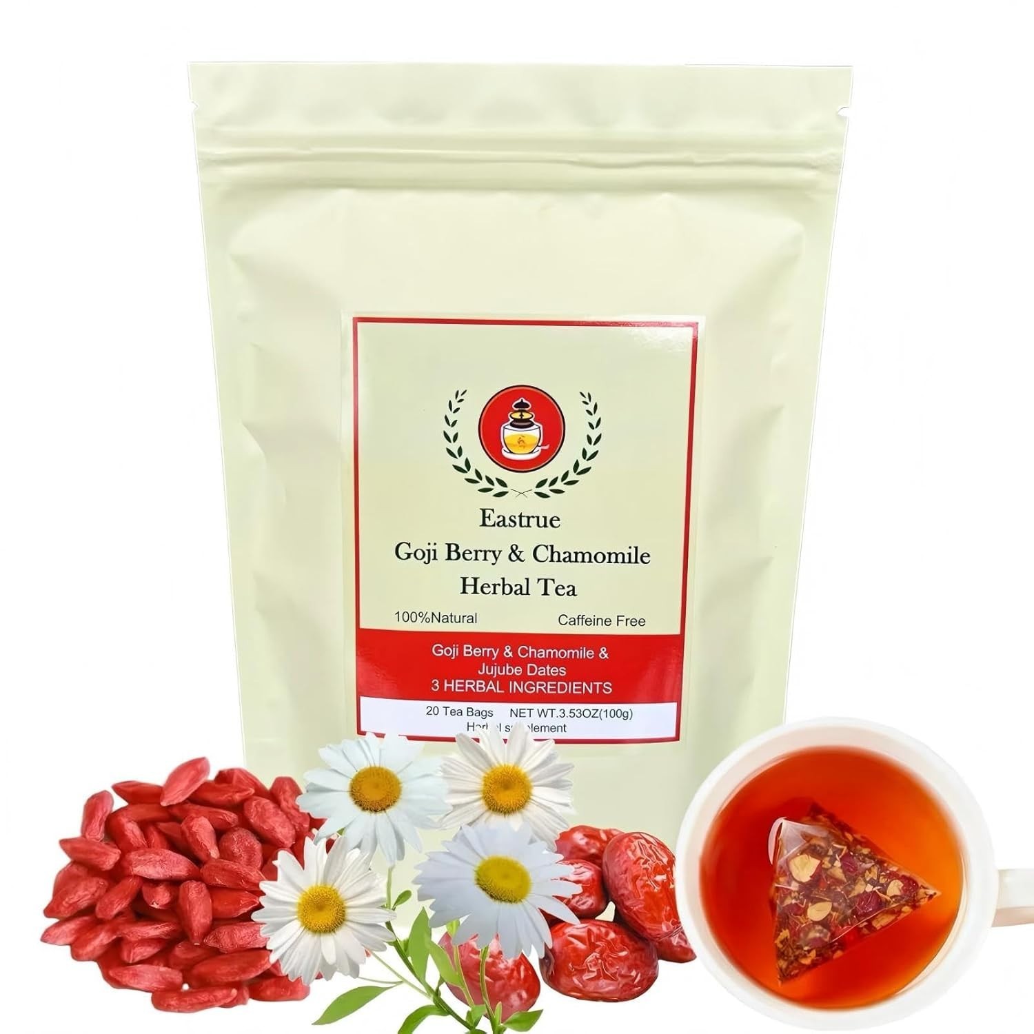 Chamomile Goji Berry Jujube Date Sleepy Time Tea, 5g x 20 Teabags Caffeine-Free