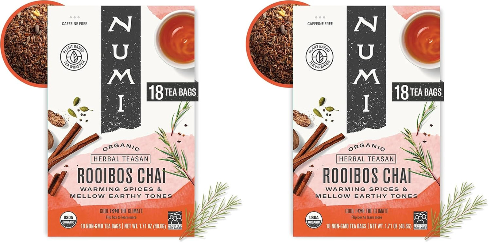 Numi Organic Rooibos Chai Tea, 100 Tea Bags, Herbal Red Tea with Cinnamon, Allsp