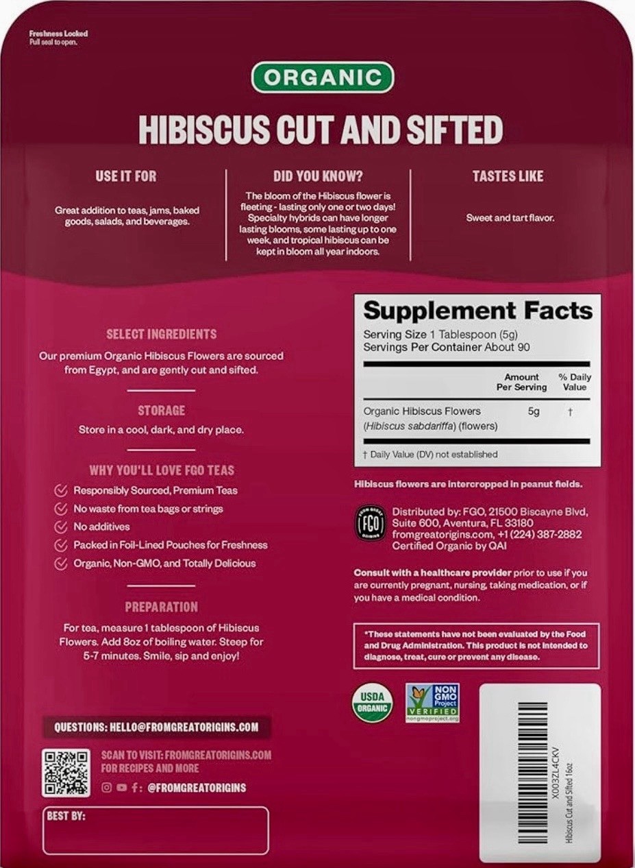 Hibiscus Flowers, Organic Cut and Sifted, 16oz Bulk Resealable Bag, FGO brand