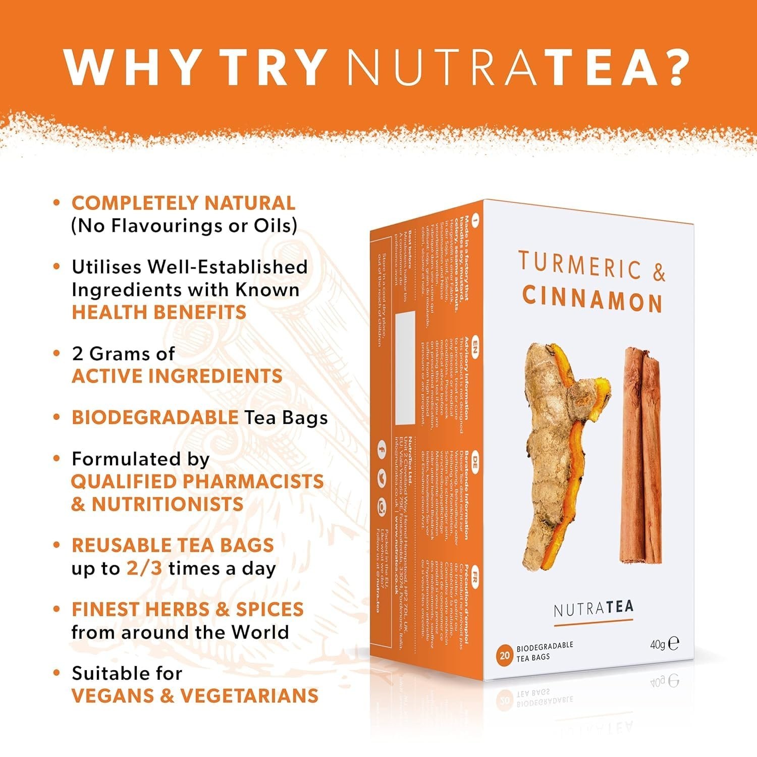 20 Individually Wrapped Turmeric & Cinnamon Teabags – Herbal Blend for Health