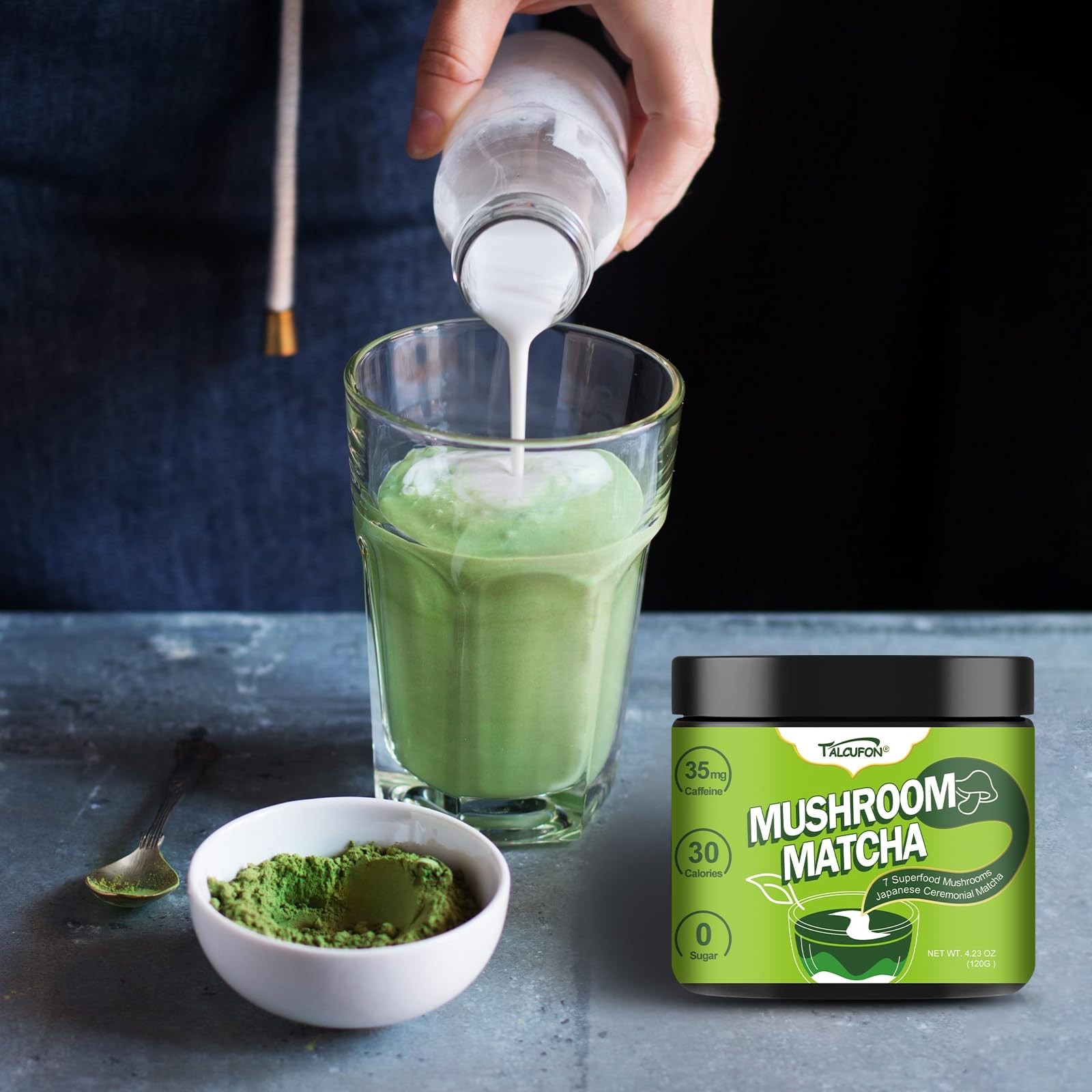 2 TALCUFON 7 Mushroom Japanese Matcha Hot or Cold Latte 4.23 Oz, 7 Superfood GF