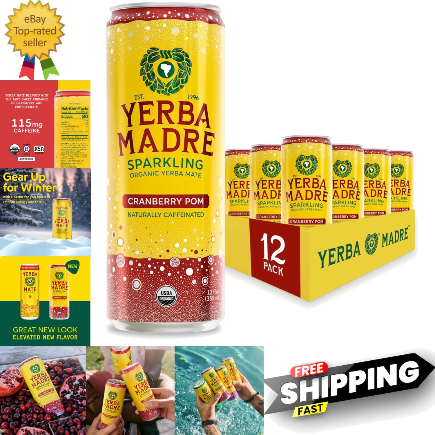 Yerba Madre Organic Sparkling Yerba Mate – Cranberry Pom, 12oz Cans Pack of 12