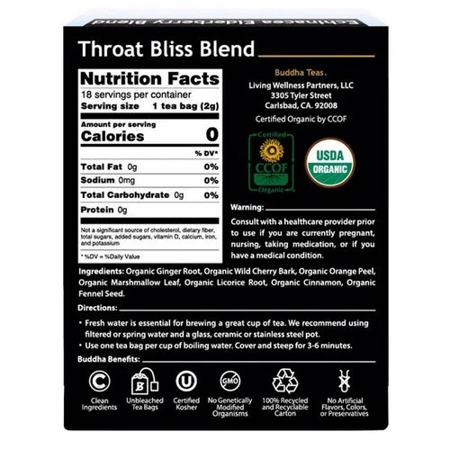 Organic Throat Bliss Tea 18 Tea Bags By Buddha Teas Exp: 04/2028