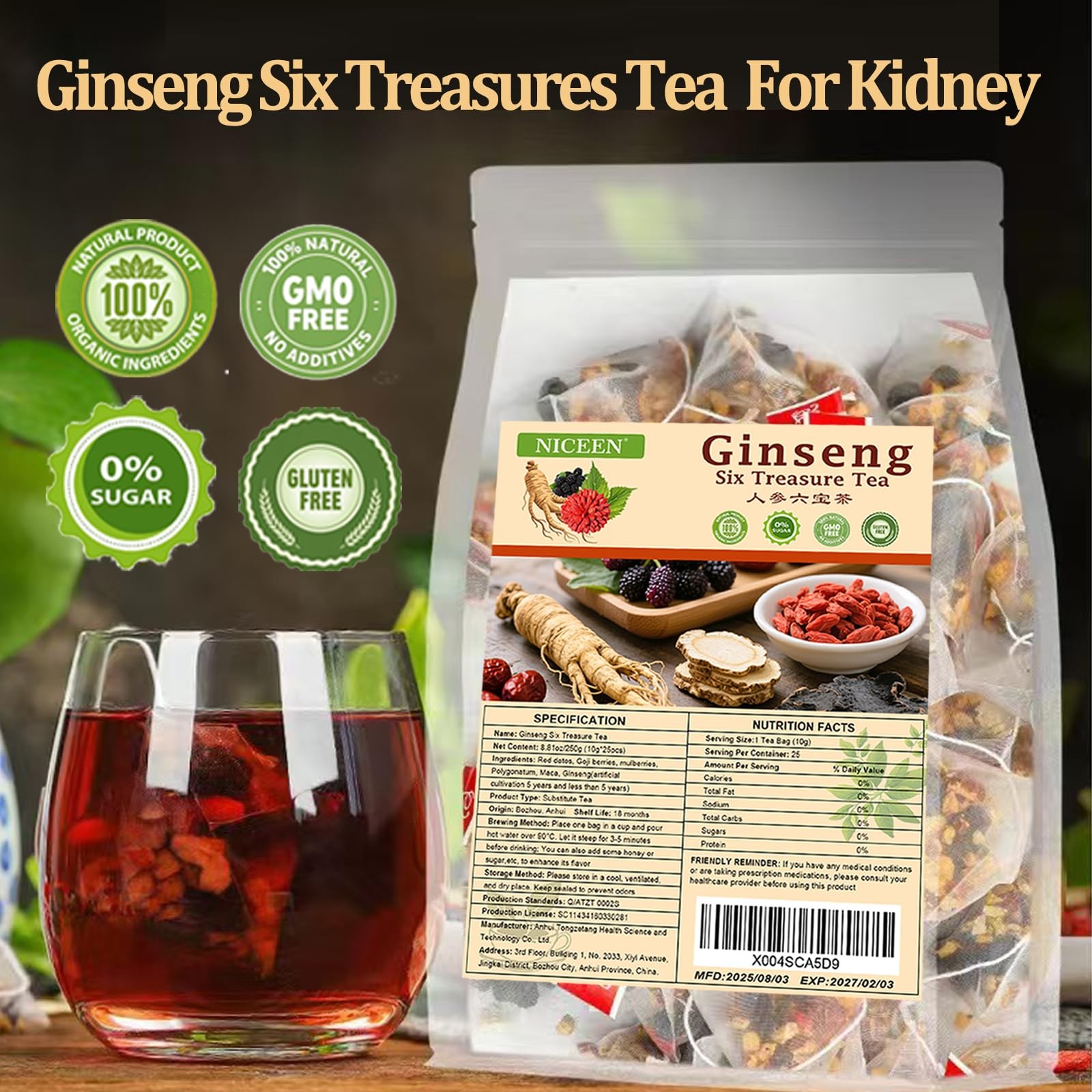 kidney Tea Formula Ginseng Six Treasure Tea, 6 Precious 50 Pcs 2 Bags