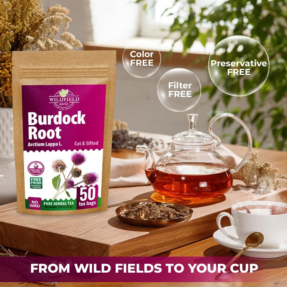 High-Quality Burdock Root Herbal Tea – 50 Bags of Decaffeinated Wellness