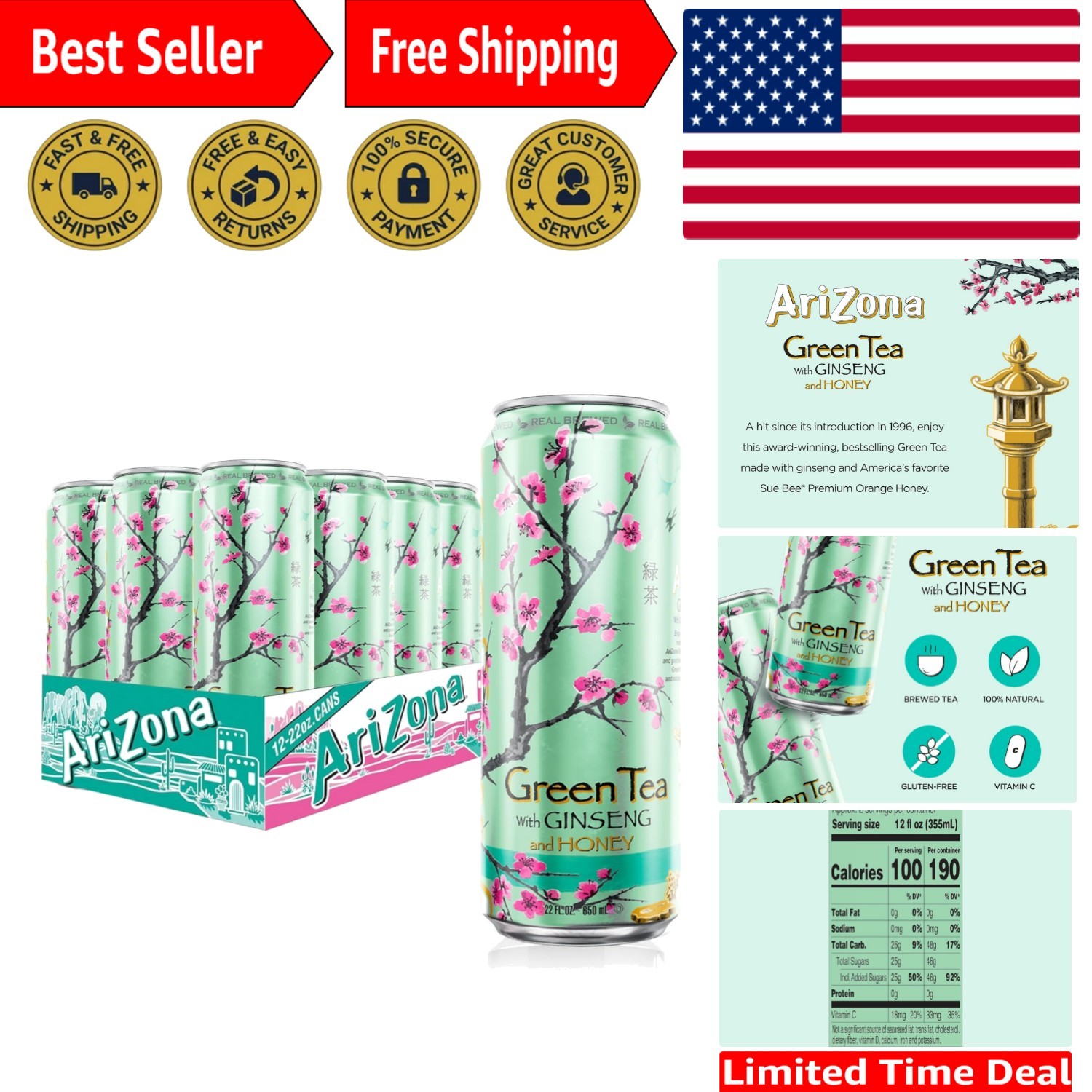 Energizing Green Tea with Ginseng & Honey – 22 Fl Oz Cans, Bulk Pack of 12