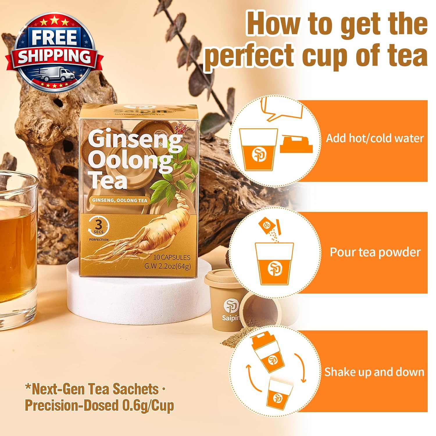 Organic Ginseng Tea – 10 Pack of Pure Ginseng Powder, No Additives