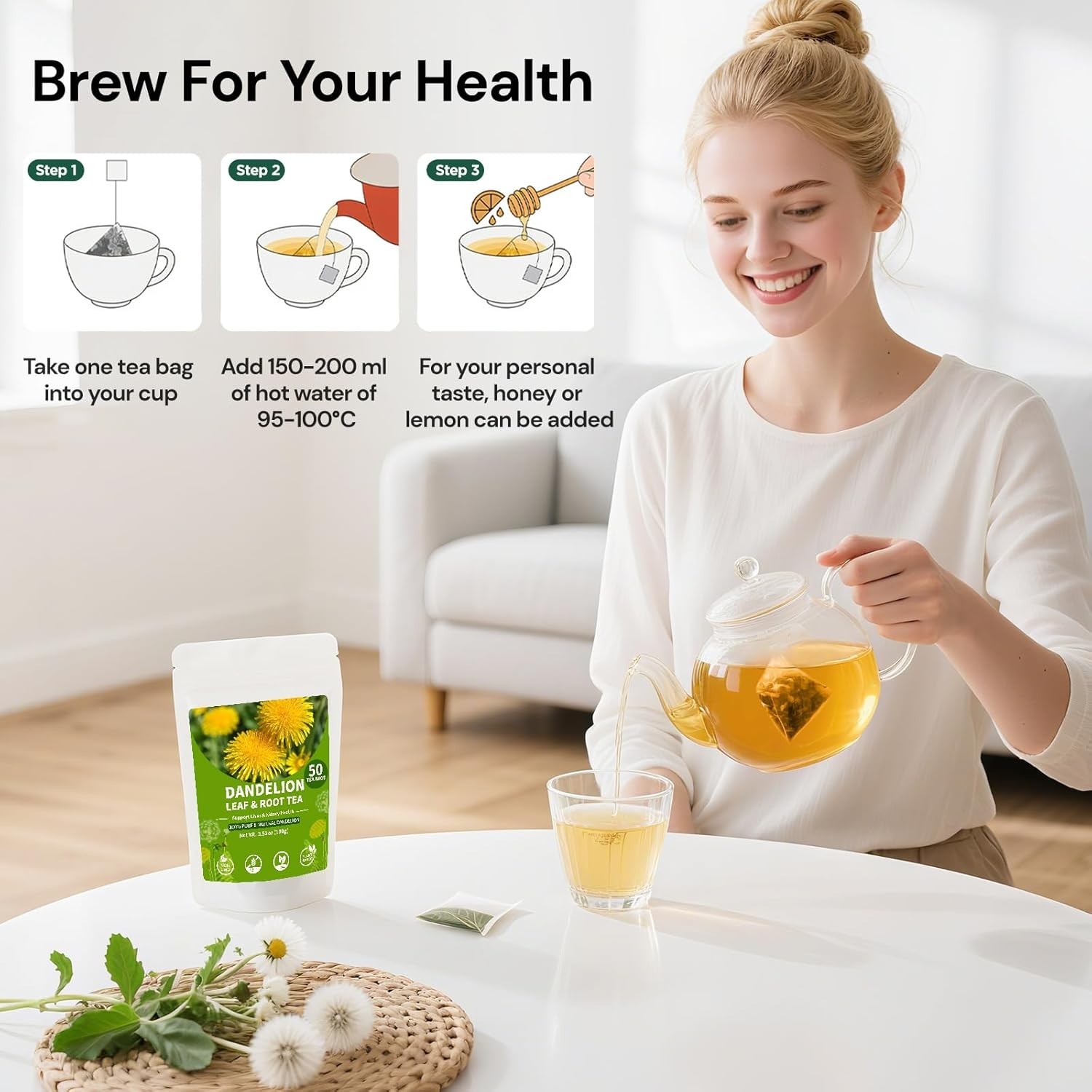 BeleePlanner Dandelion Leaf And Root Tea Bags, Natural Tea, 2 Pack/100 Bags