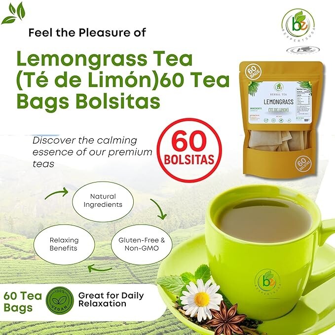 Limón Té (Lemongrass Tea) – 60 Tea Bags – 100% Natural, Vegan, Herbal – Gluten-F