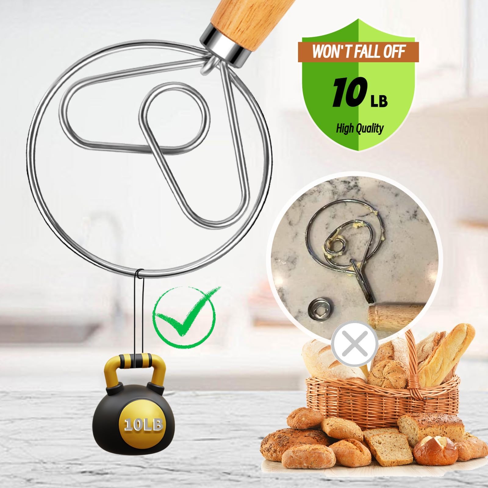 YIGEDA Danish Dough Whisk Stainless Steel Hook Large, # 1 rubberwood