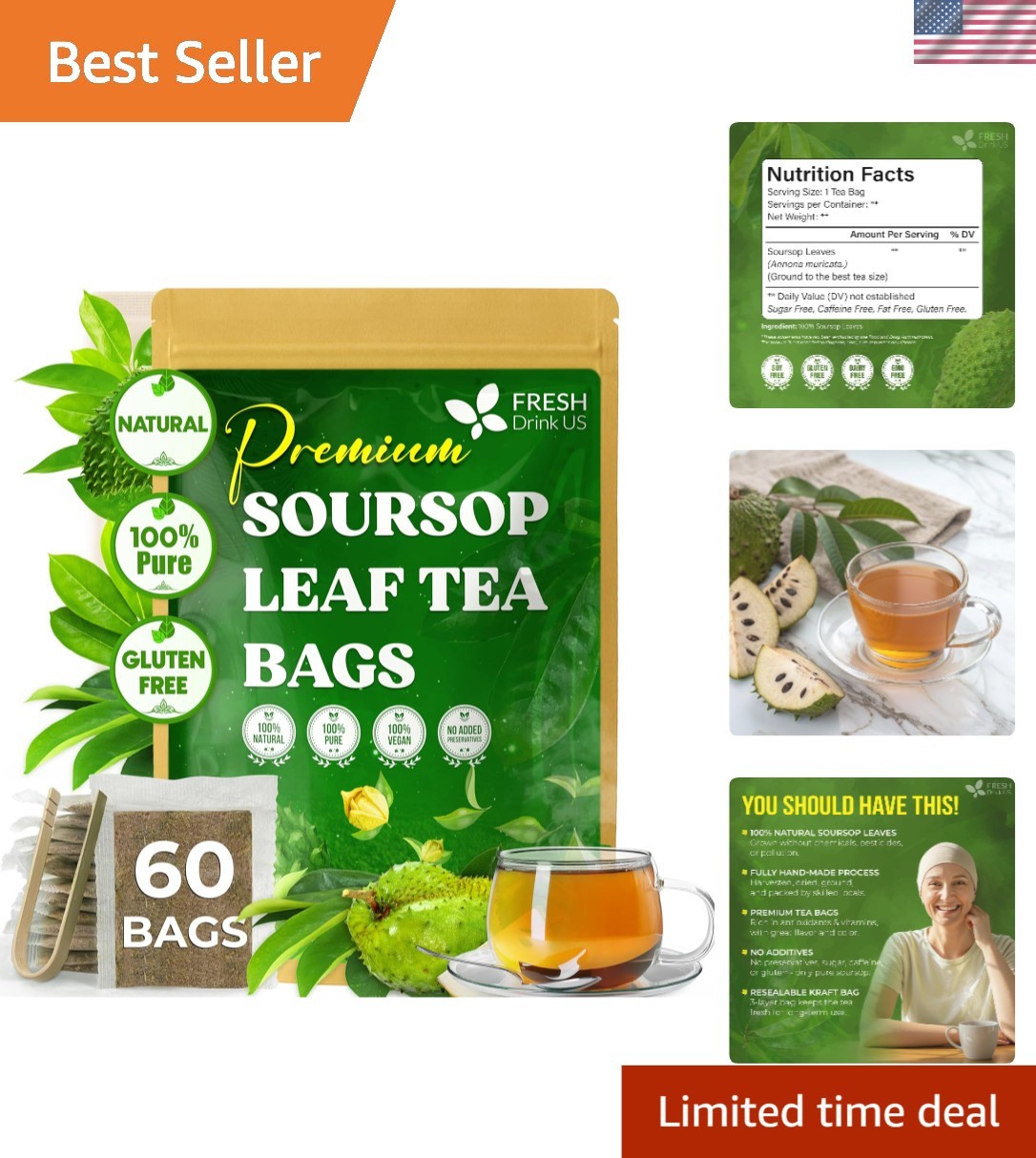 Natural Soursop Tea Bags – 60 Count, Sugar Free & Gluten Free for Digestion