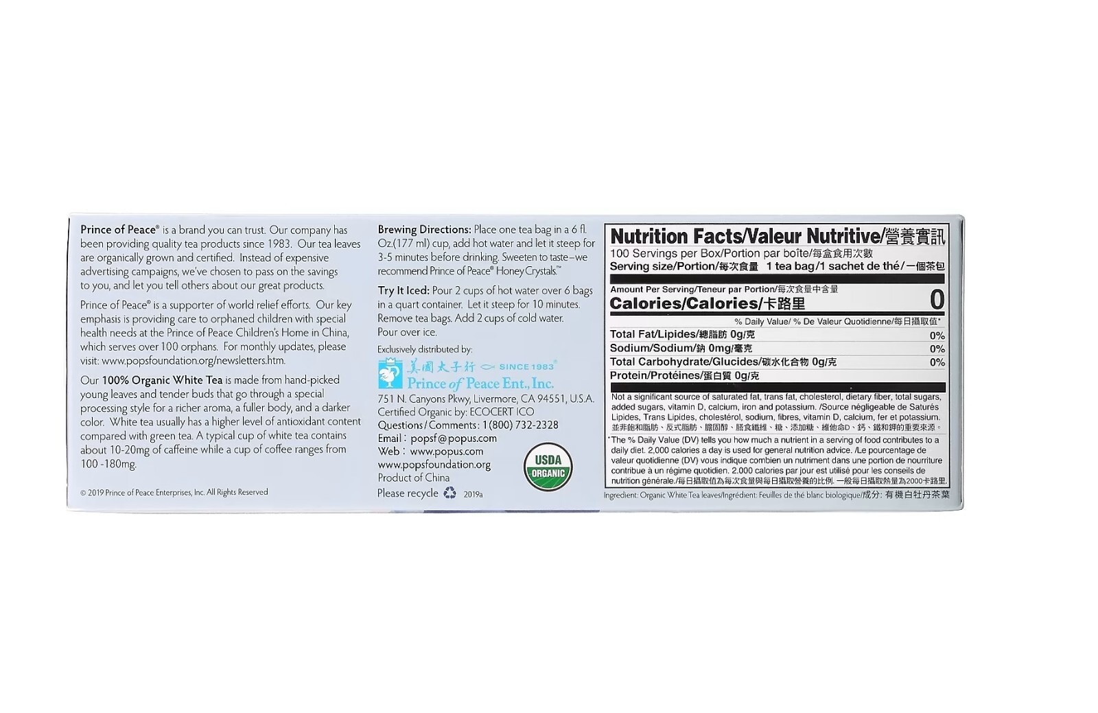 4 PACK – Prince of Peace, 100% Organic White Tea, 100 Tea Bags EXP: 08/2026