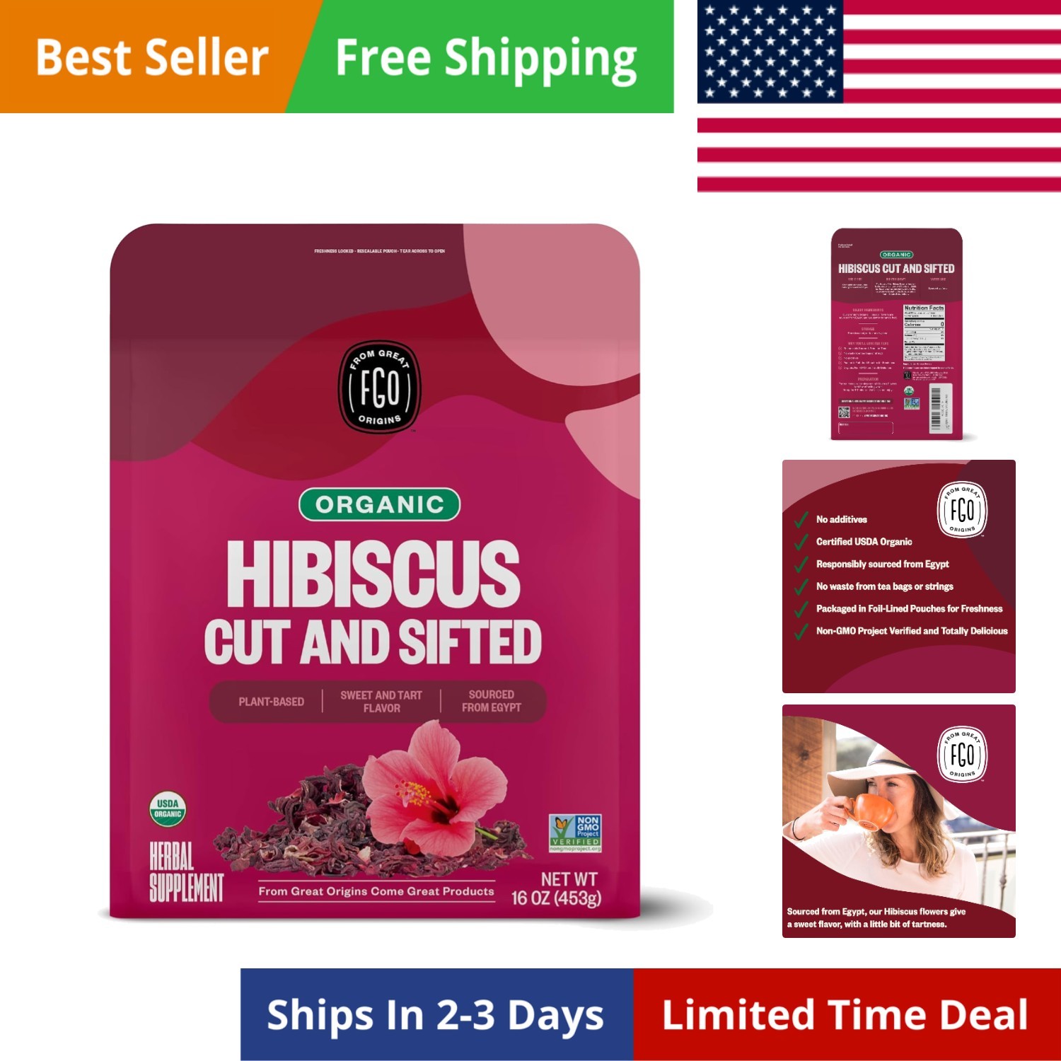 Organic Hibiscus Flowers, Cut and Sifted, 16oz Bulk Resealable Bag, Packaging…