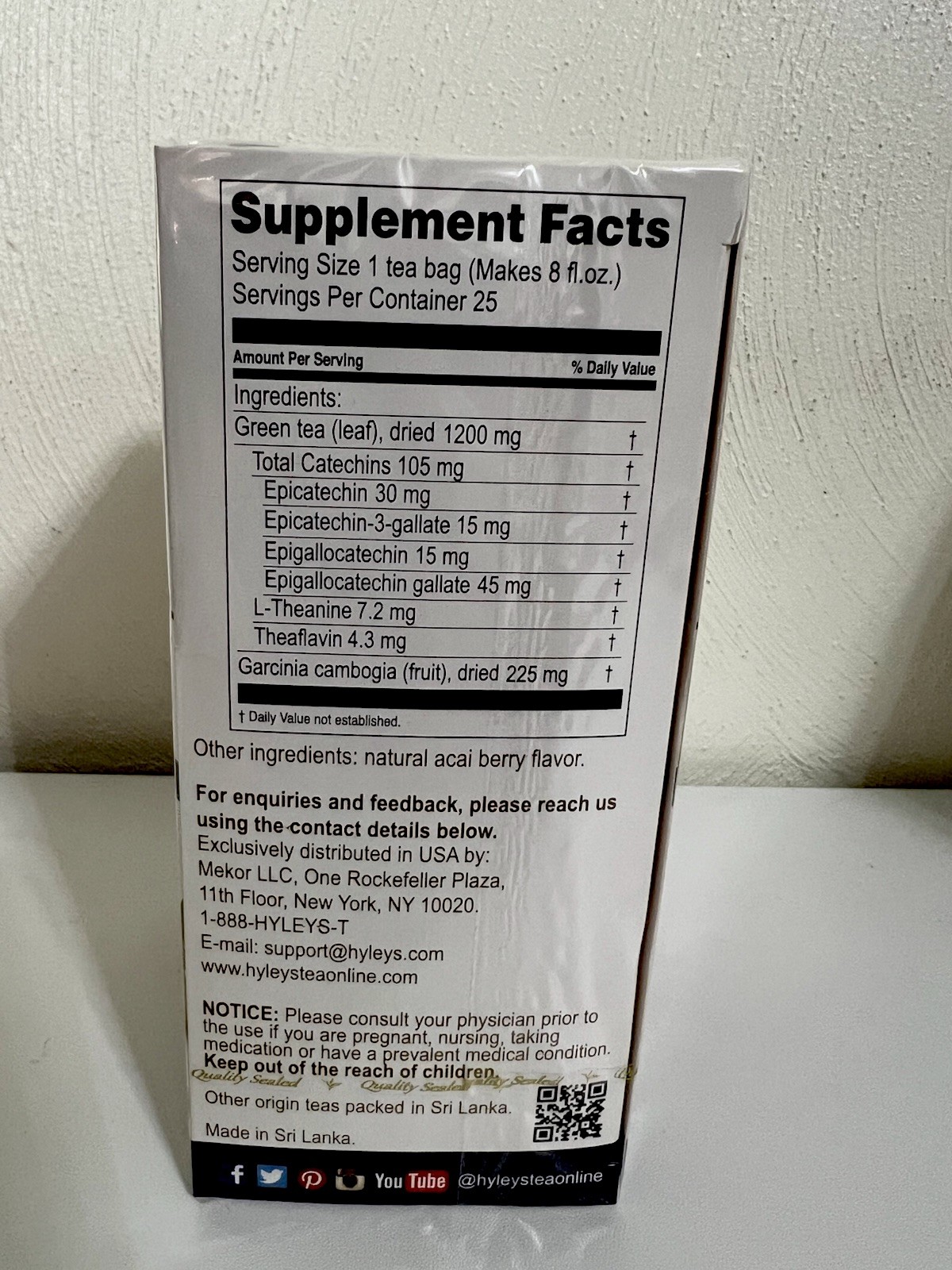 Hyleys Garcinia Cambogia with Green Tea ACAI BERRY Flavor 25 Tea Bags Sealef