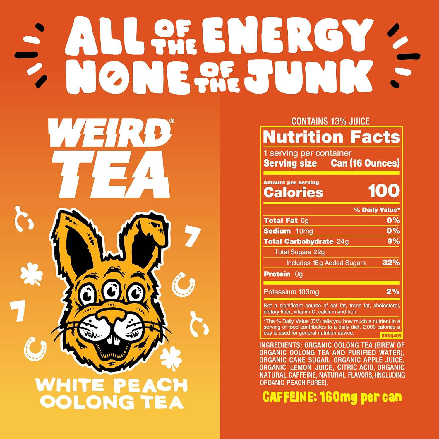 Organic White Peach Oolong Tea – 16Oz Cans, 160Mg Organic Caffeine, Pack of 12 –